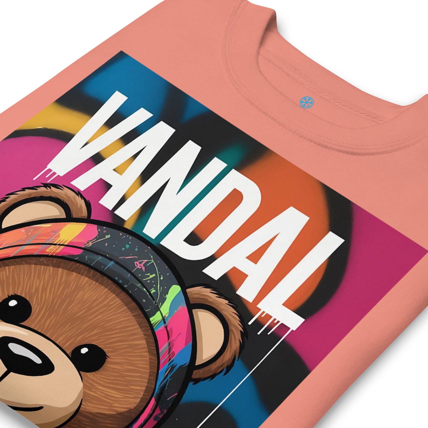 Pink-Vandal Teddy Bear Graffiti Sweatshirt from B.Different Clothing, detail, graffiti-inspired streetwear