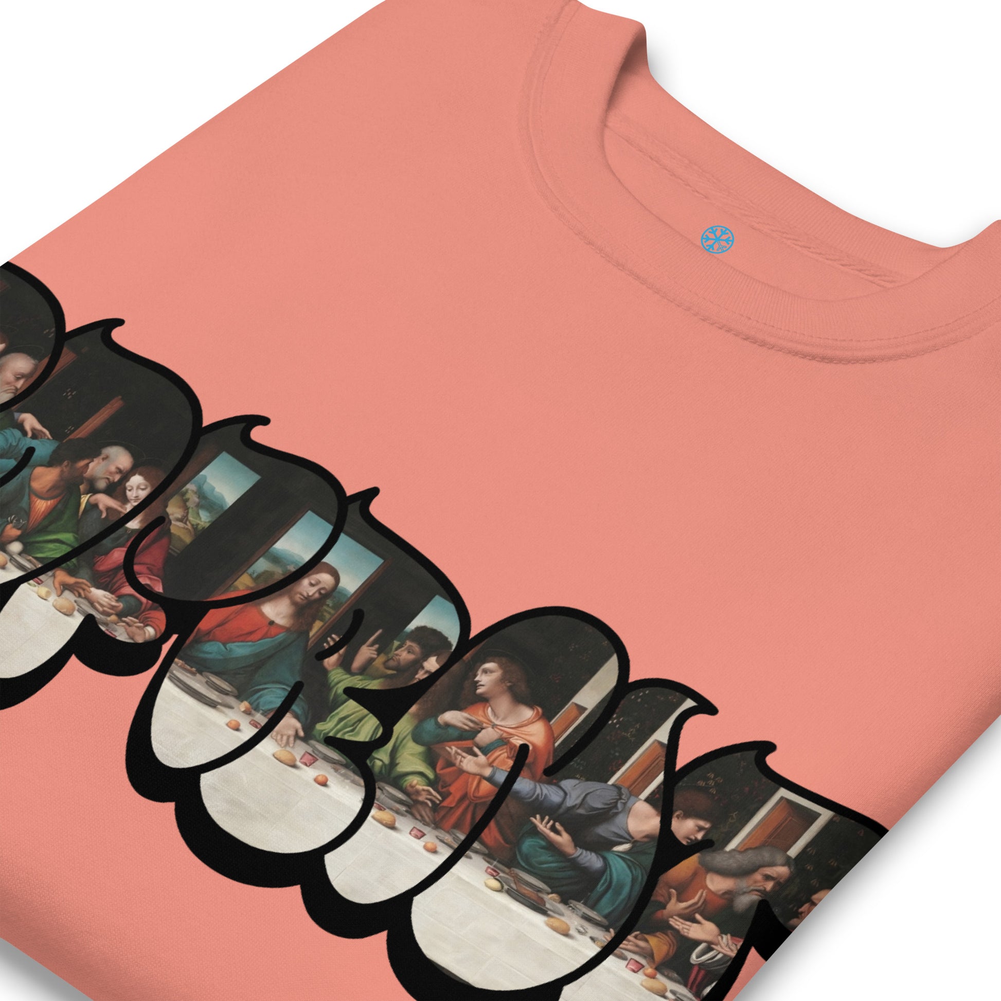 Pink-BDFRNT Throwie x Last Supper Graffiti Sweatshirt from B.Different Clothing, detail, graffiti-inspired streetwear