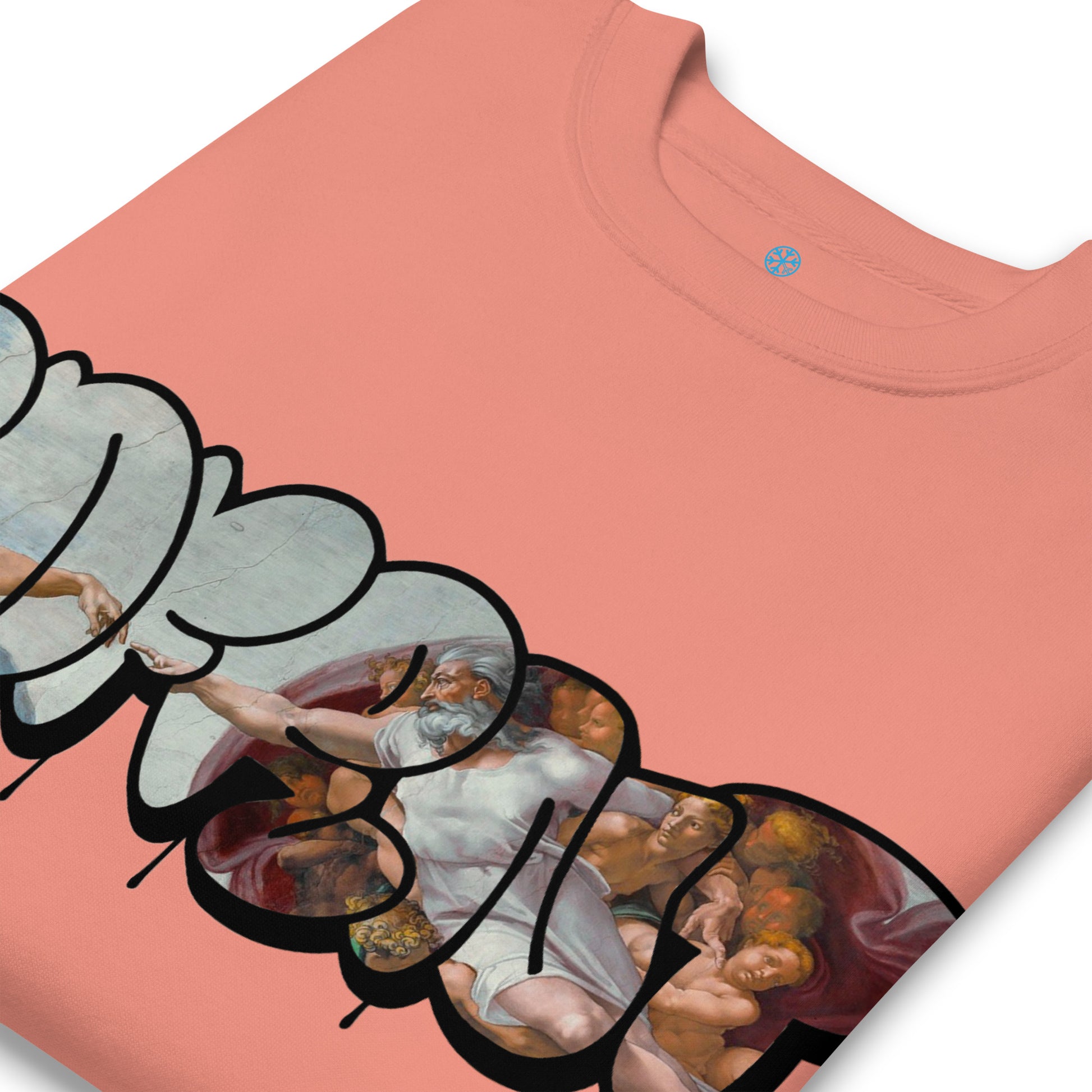 Pink-BDFRNT Throwie x Creation of Adam Graffiti Sweatshirt from B.Different Clothing, detail, graffiti-inspired streetwear