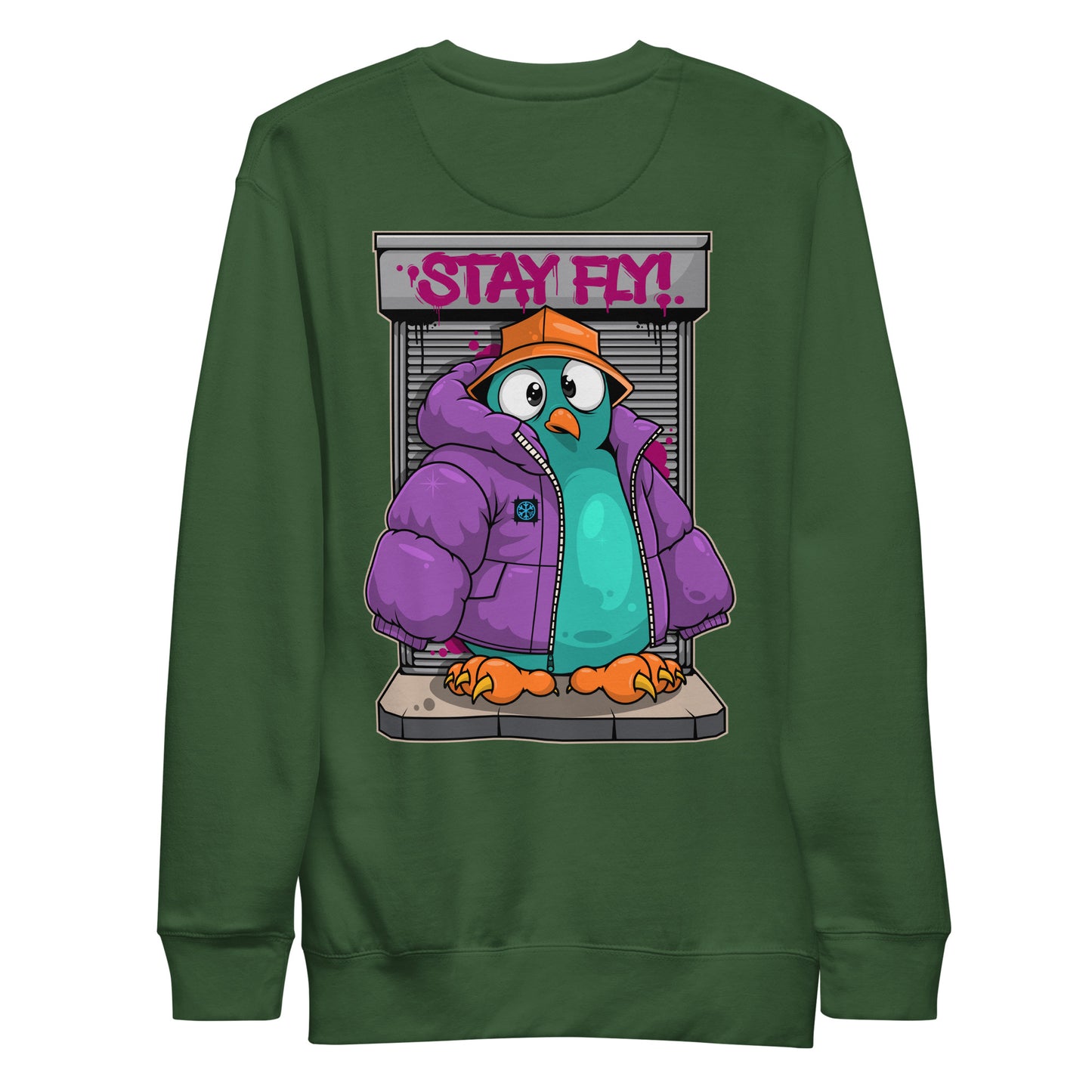 Green-Stay Fly Graffiti Character Sweatshirt from B.Different Clothing, back view, graffiti-inspired streetwear