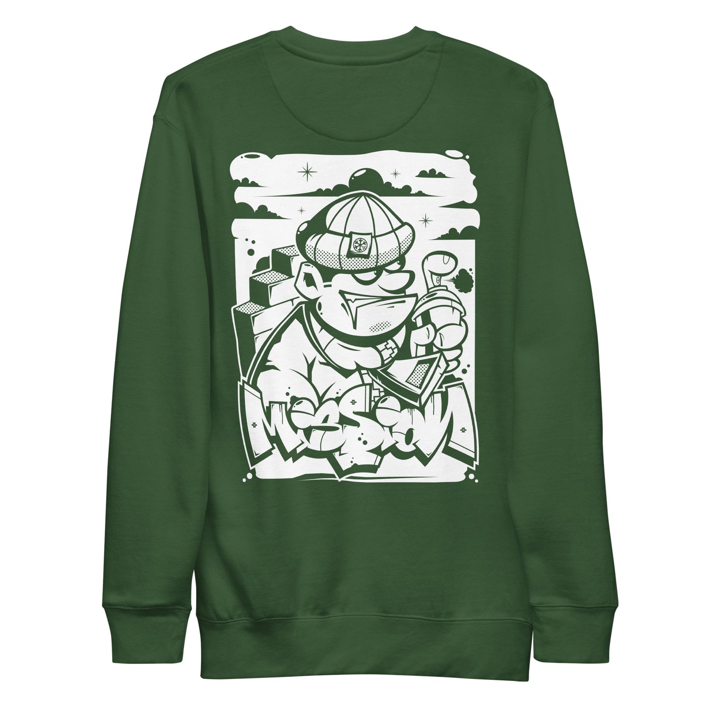 Green-Mission Graffiti Character Sweatshirt from B.Different Clothing, back view, graffiti-inspired streetwear