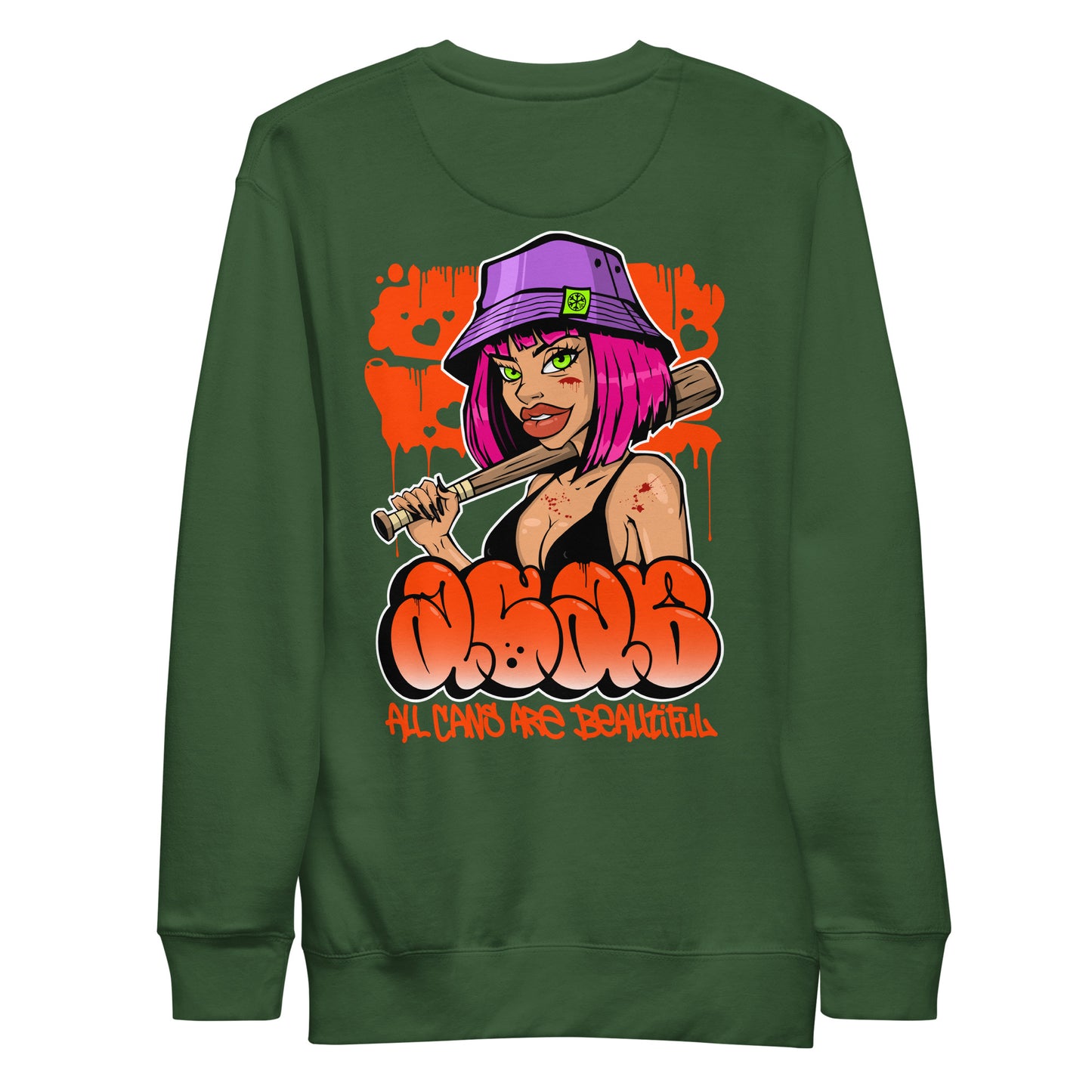 Green-ACAB Girl Graffiti Sweatshirt from B.Different Clothing, back view, graffiti-inspired streetwear