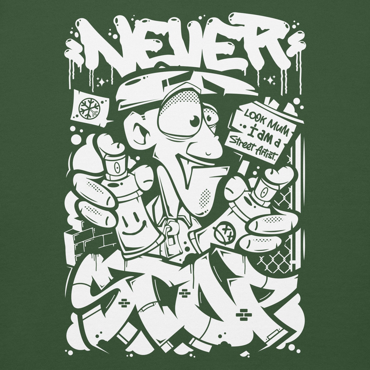 Green-Never Stop Graffiti Character Sweatshirt from B.Different Clothing, graphic, graffiti-inspired streetwear