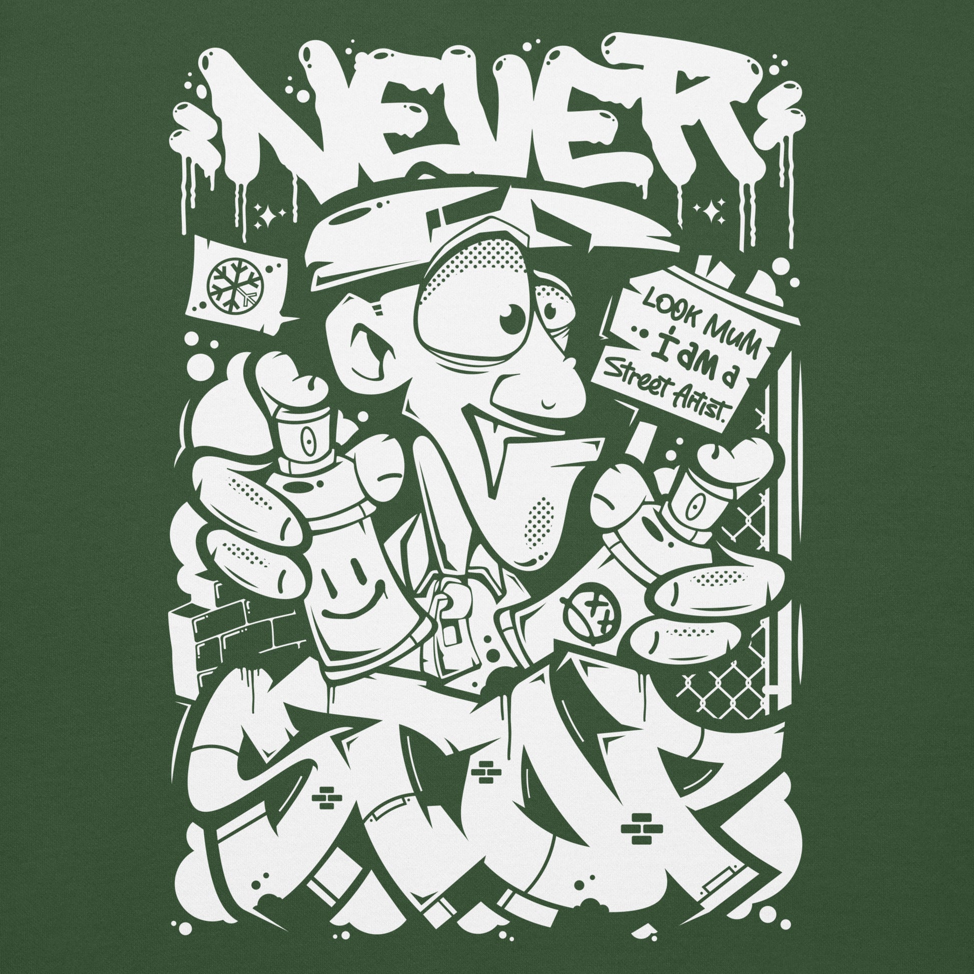 Green-Never Stop Graffiti Character Sweatshirt from B.Different Clothing, graphic, graffiti-inspired streetwear