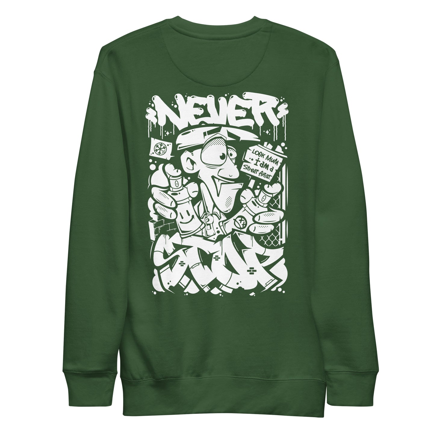 Green-Never Stop Graffiti Character Sweatshirt from B.Different Clothing, back view, graffiti-inspired streetwear