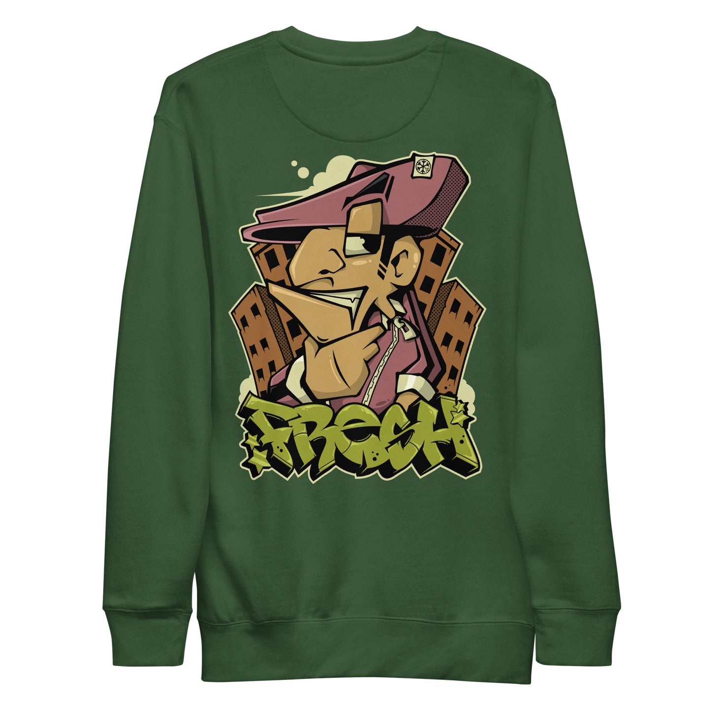 Green-Fresh Graffiti Character Sweatshirt from B.Different Clothing, back view, graffiti-inspired streetwear