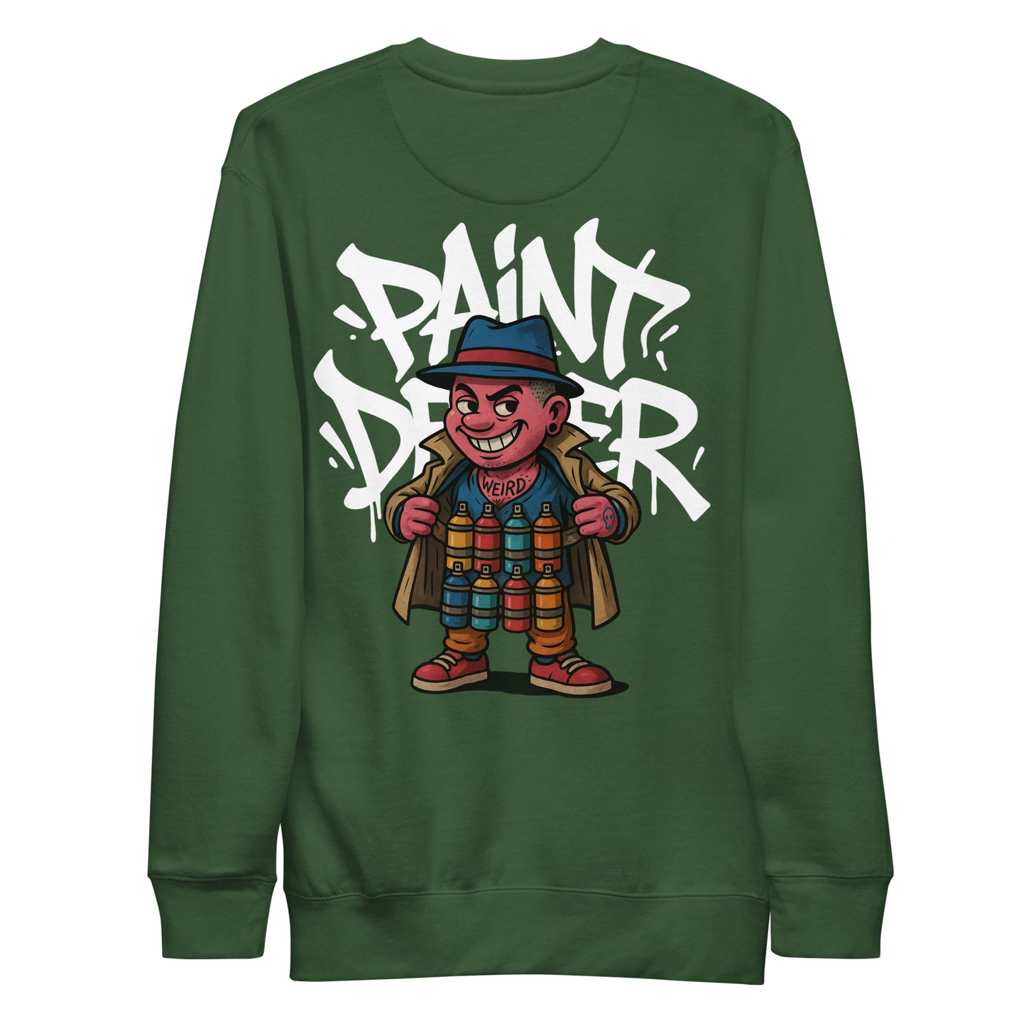 Green-Paint Dealer Graffiti Character Sweatshirt from B.Different Clothing, back view, graffiti-inspired streetwear