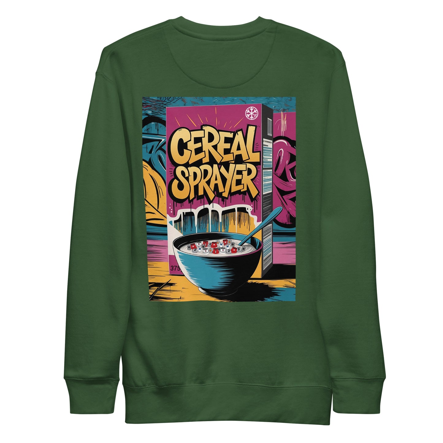 Green-Cereal Sprayer Graffiti Sweatshirt from B.Different Clothing, back view, graffiti-inspired streetwear