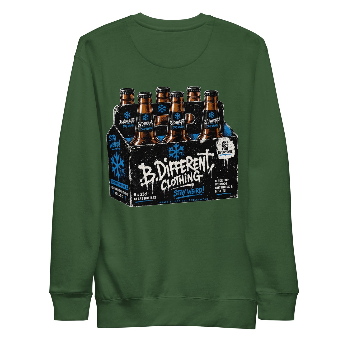 Green-Six Pack Beer Graffiti Sweatshirt from B.Different Clothing, back view, graffiti-inspired streetwear