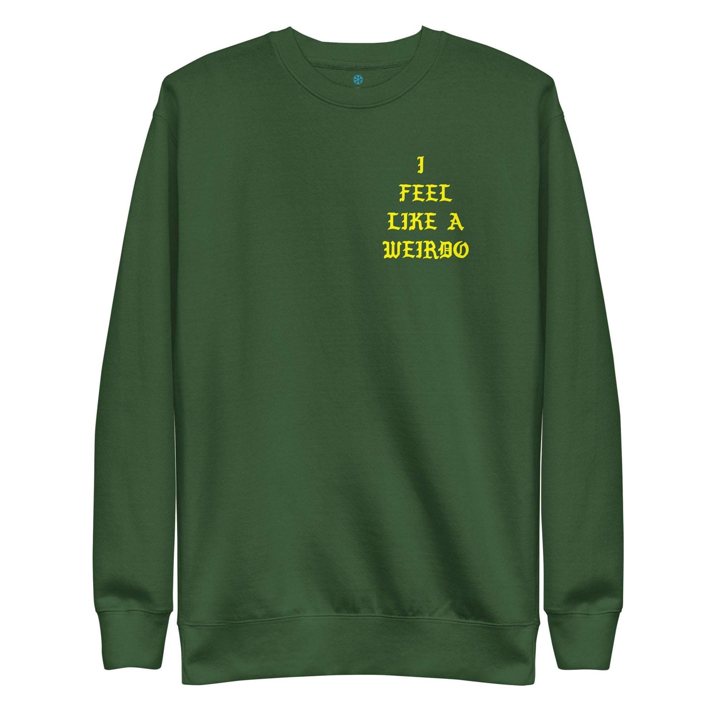 front of I feel like a weirdo sweatshirt green B.Different Clothing graffiti street art inspired streetwear brand