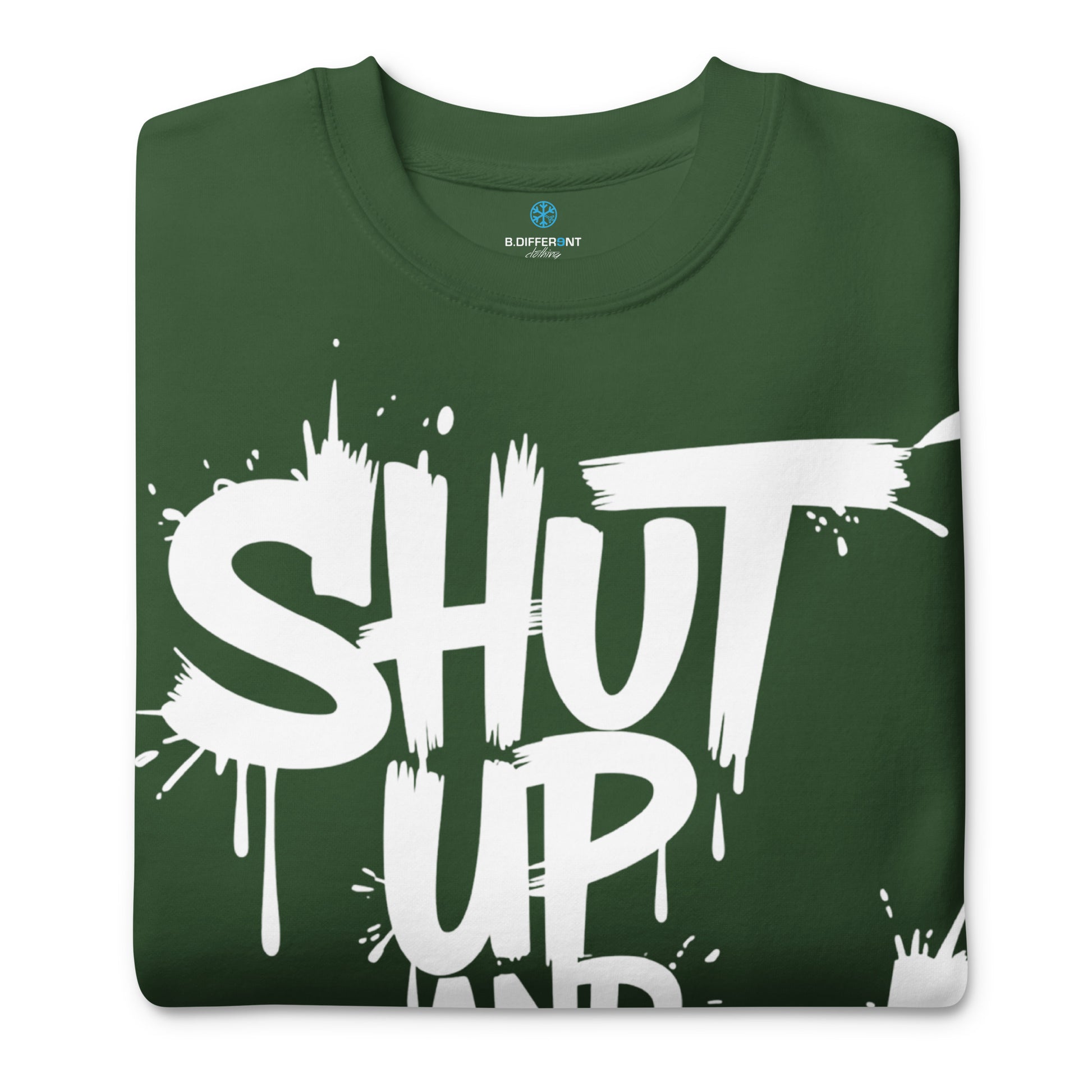 Green-Shut Up and Paint Graffiti Sweatshirt from B.Different Clothing, folded, graffiti-inspired streetwear 