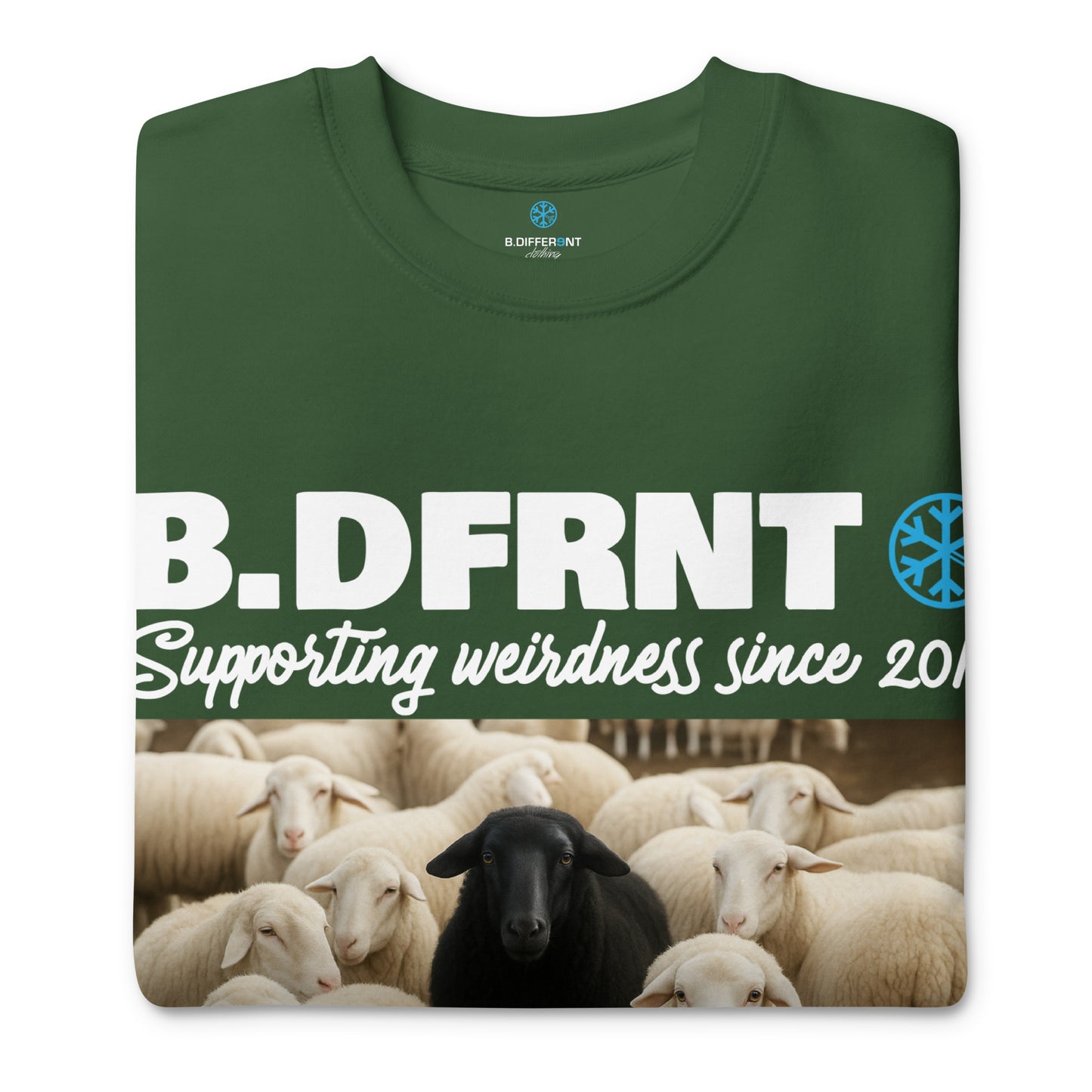 Green-Black Sheep Sweatshirt from B.Different Clothing, folded, graffiti-inspired streetwear