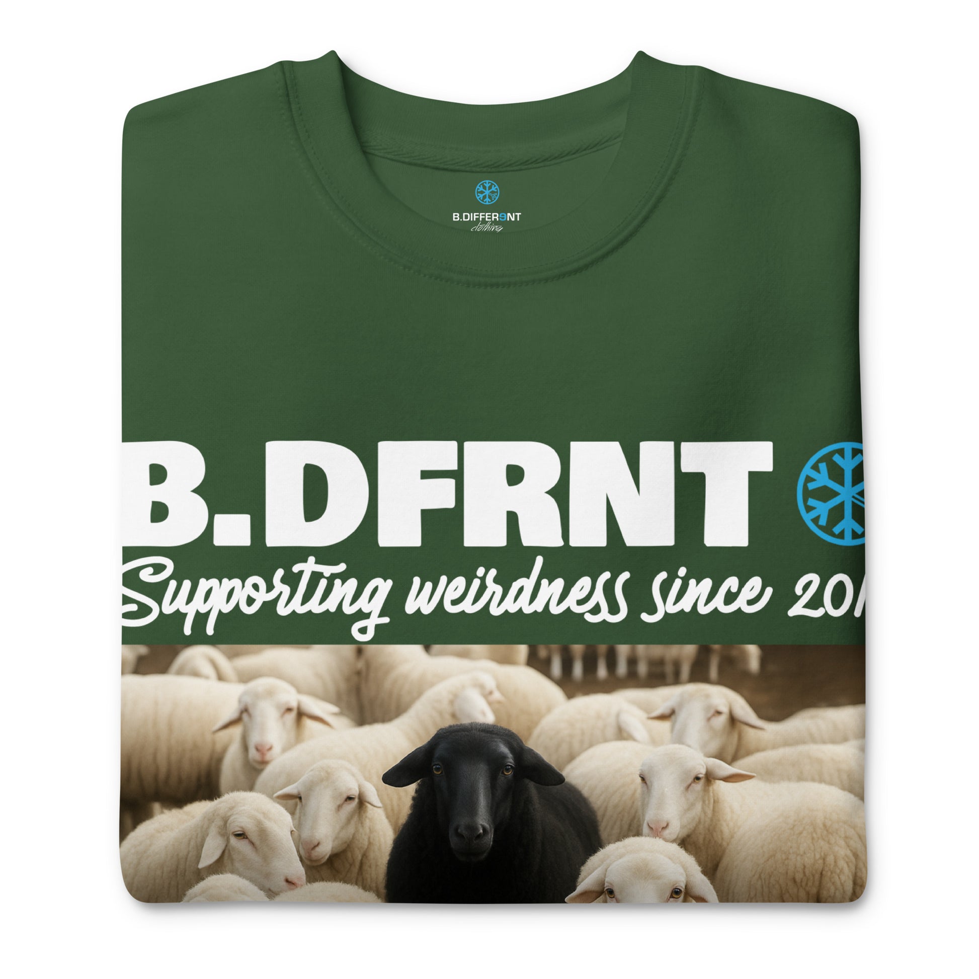 Green-Black Sheep Sweatshirt from B.Different Clothing, folded, graffiti-inspired streetwear