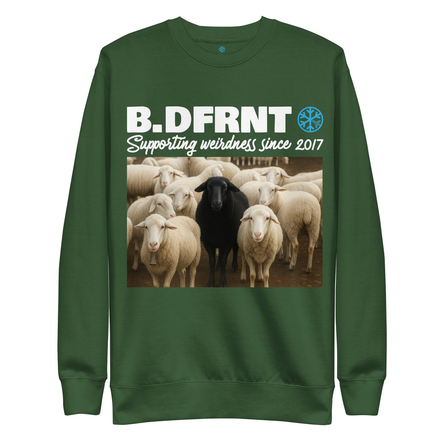 Green-Black Sheep Sweatshirt from B.Different Clothing, front view, graffiti-inspired streetwear