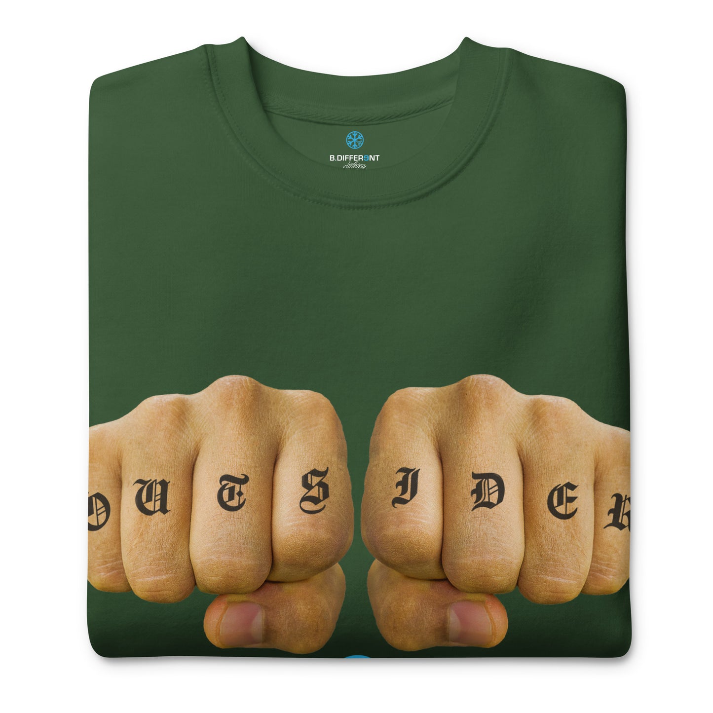 Green-Outsider Tattoo Sweatshirt from B.Different Clothing, folded, graffiti-inspired streetwear