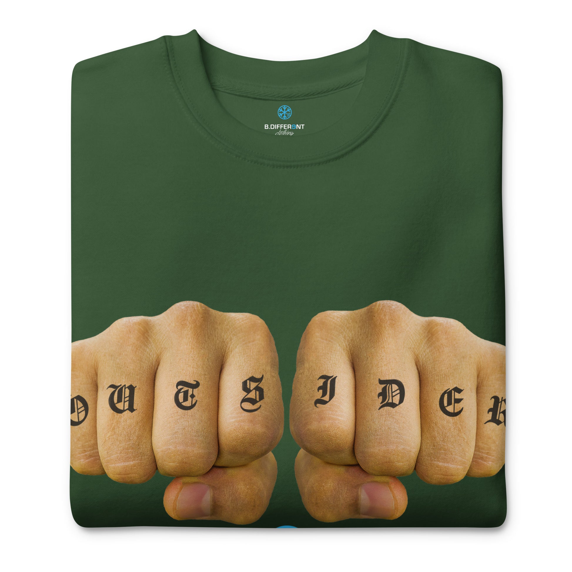 Green-Outsider Tattoo Sweatshirt from B.Different Clothing, folded, graffiti-inspired streetwear