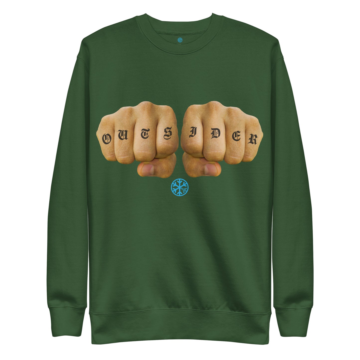 Green-Outsider Tattoo Sweatshirt from B.Different Clothing, front view, graffiti-inspired streetwear