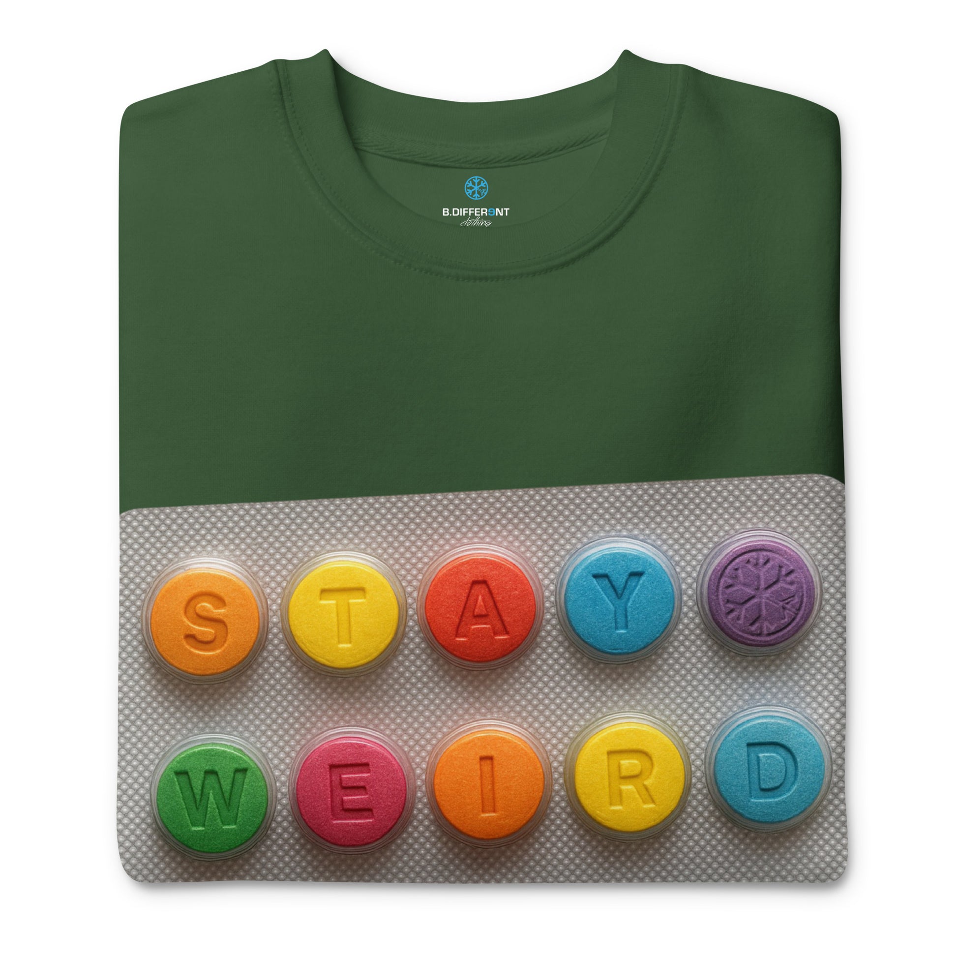 Green-Stay Weird Pills Sweatshirt from B.Different Clothing, folded, graffiti-inspired streetwear