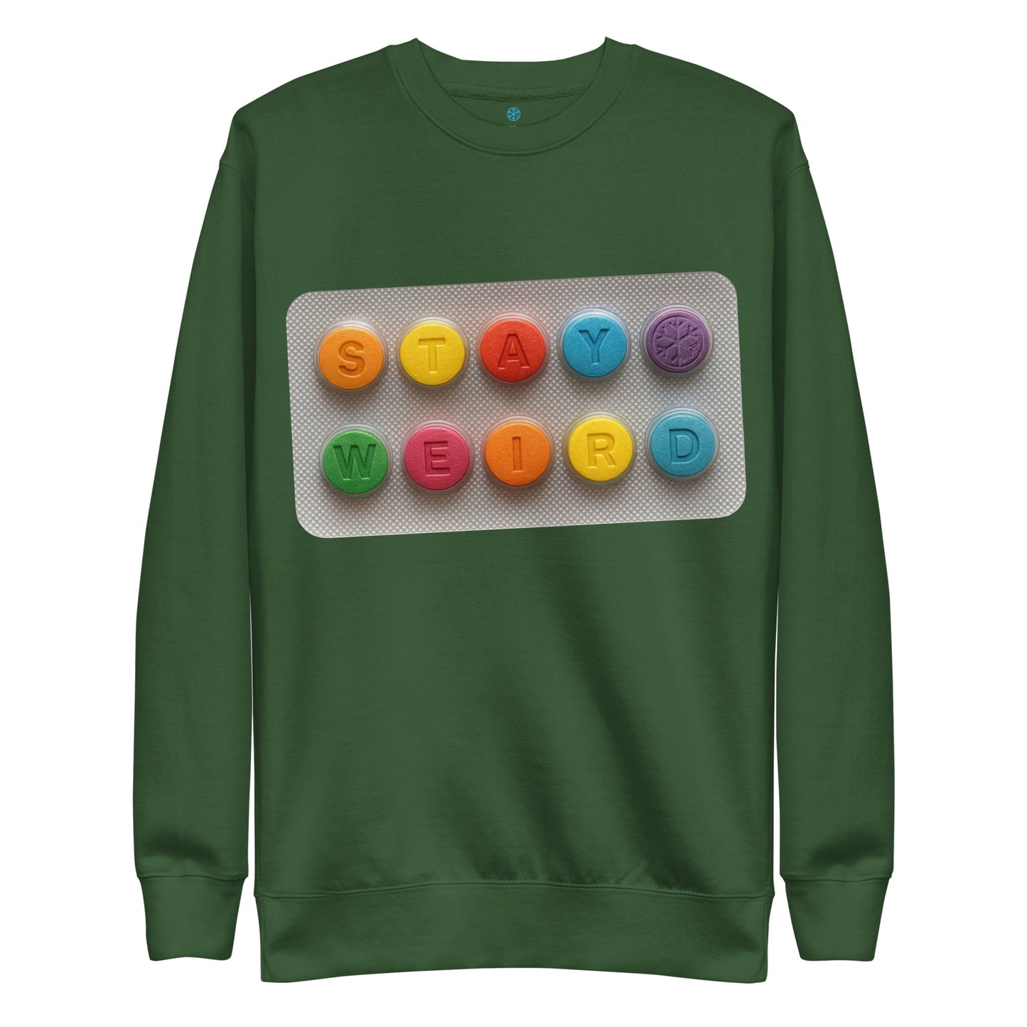 Green-Stay Weird Pills Sweatshirt from B.Different Clothing, front view, graffiti-inspired streetwear