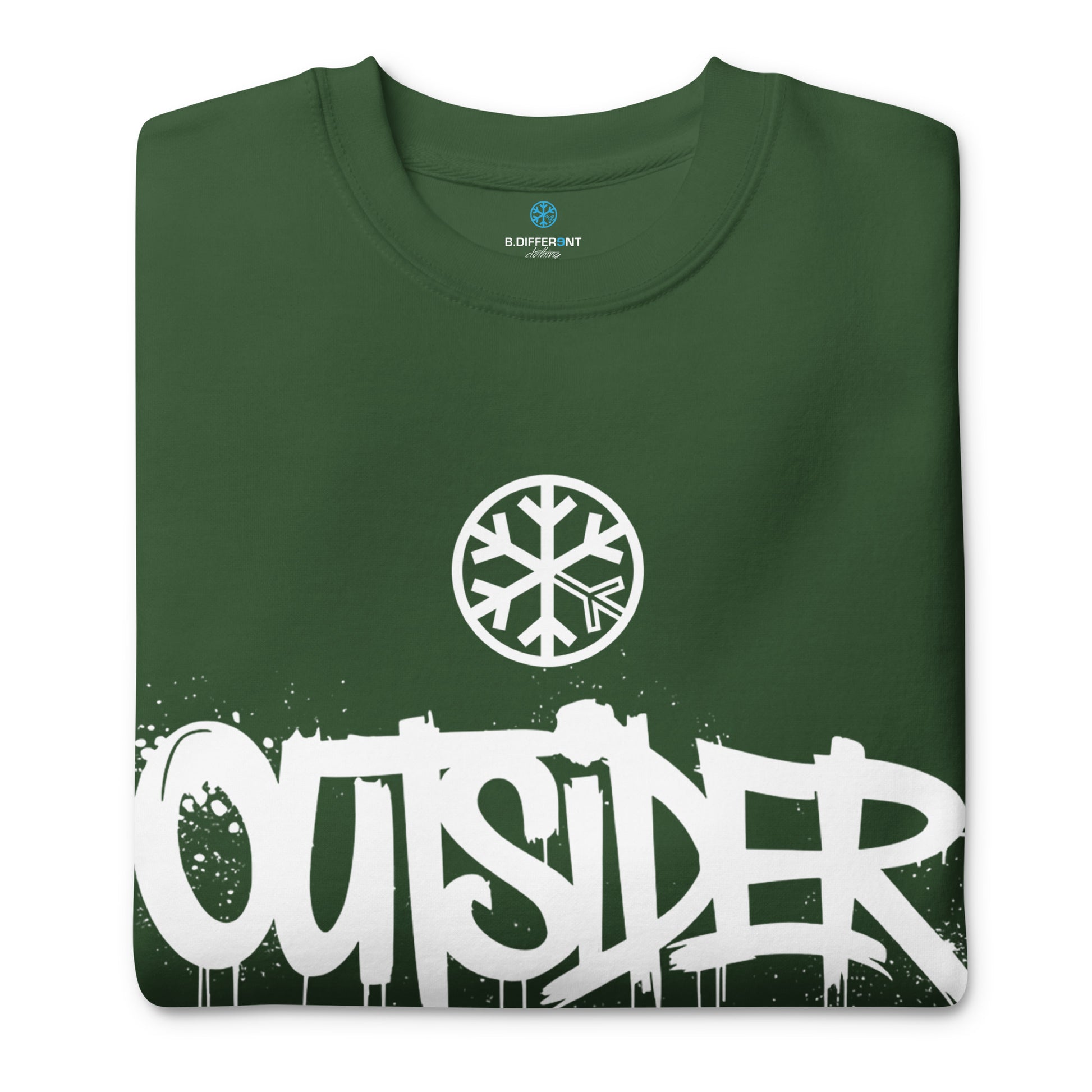 Green-Outsider Graffiti Tag Sweatshirt from B.Different Clothing, folded, graffiti-inspired streetwear