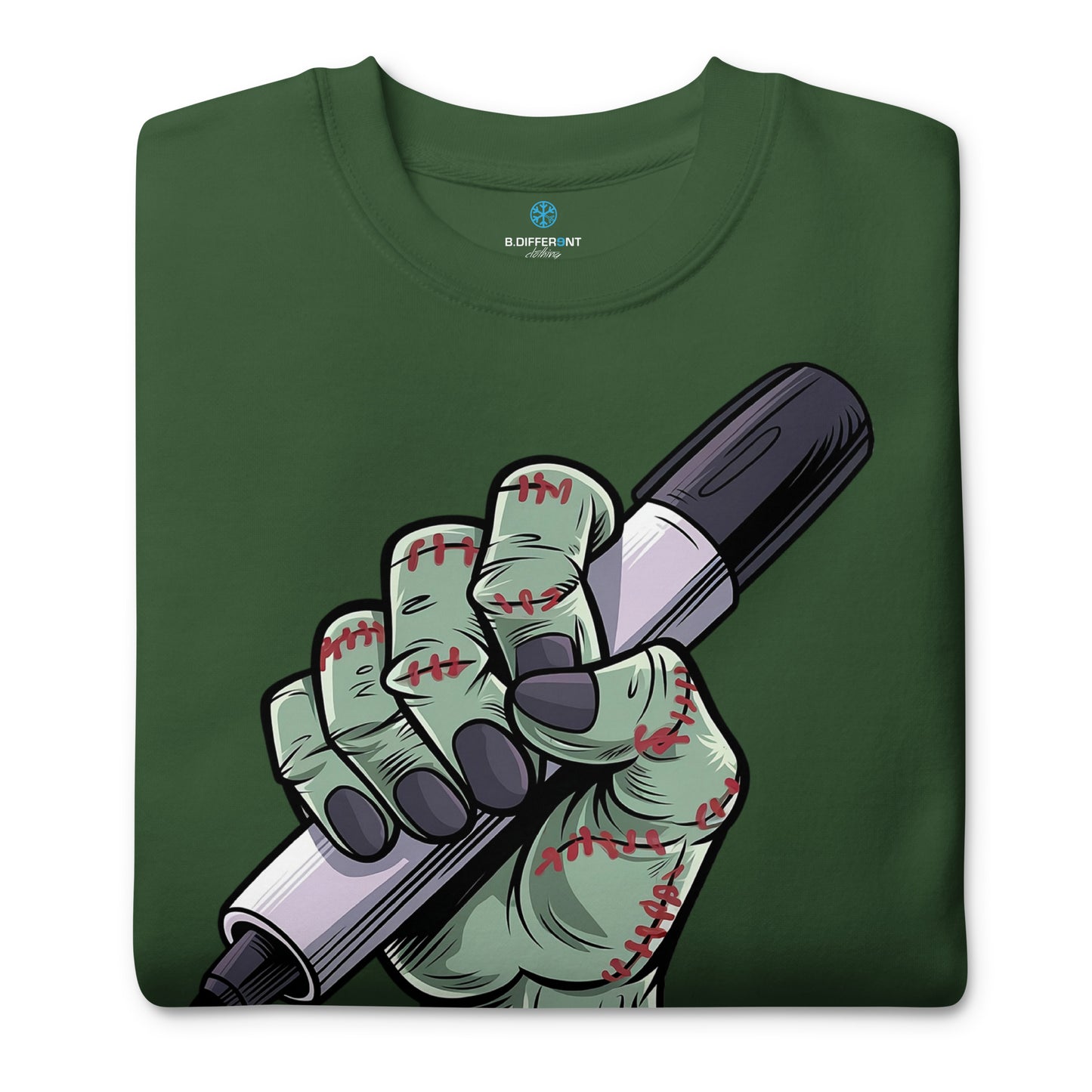 Green-Thing Graffiti Sweatshirt from B.Different Clothing, folded, graffiti-inspired streetwear