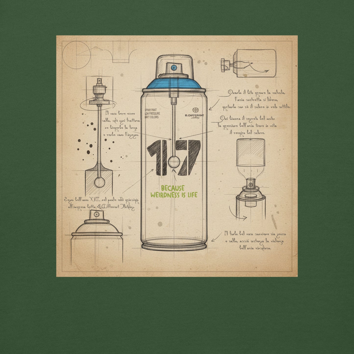 Green-Spray Can Sketch Graffiti Sweatshirt from B.Different Clothing, graphic, graffiti-inspired streetwear