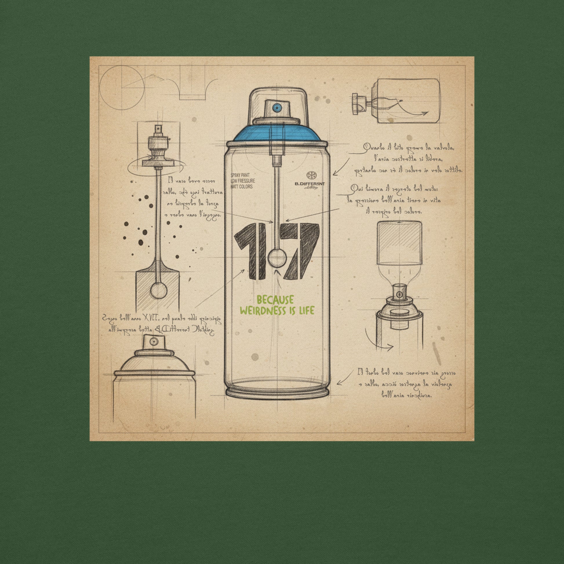 Green-Spray Can Sketch Graffiti Sweatshirt from B.Different Clothing, graphic, graffiti-inspired streetwear
