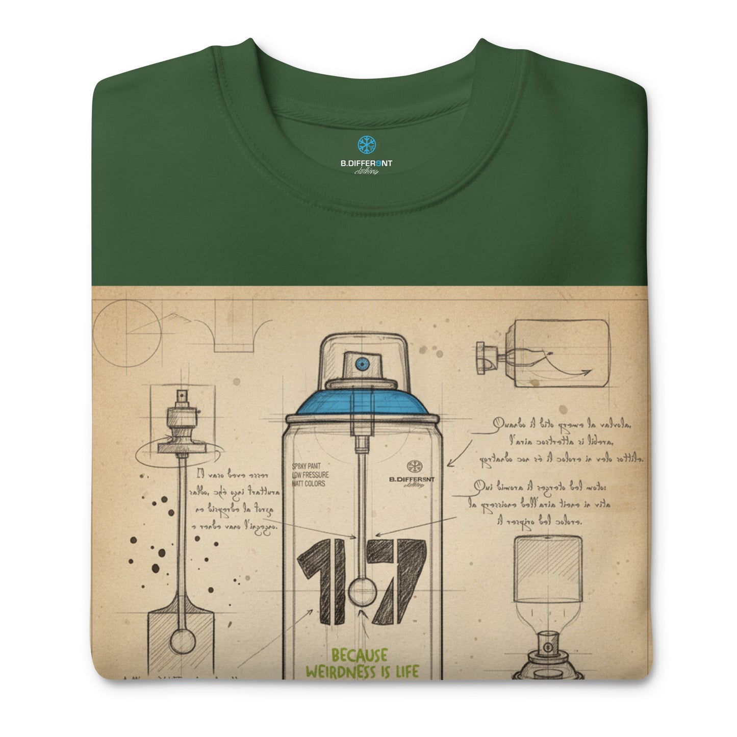 Green-Spray Can Sketch Graffiti Sweatshirt from B.Different Clothing, folded, graffiti-inspired streetwear