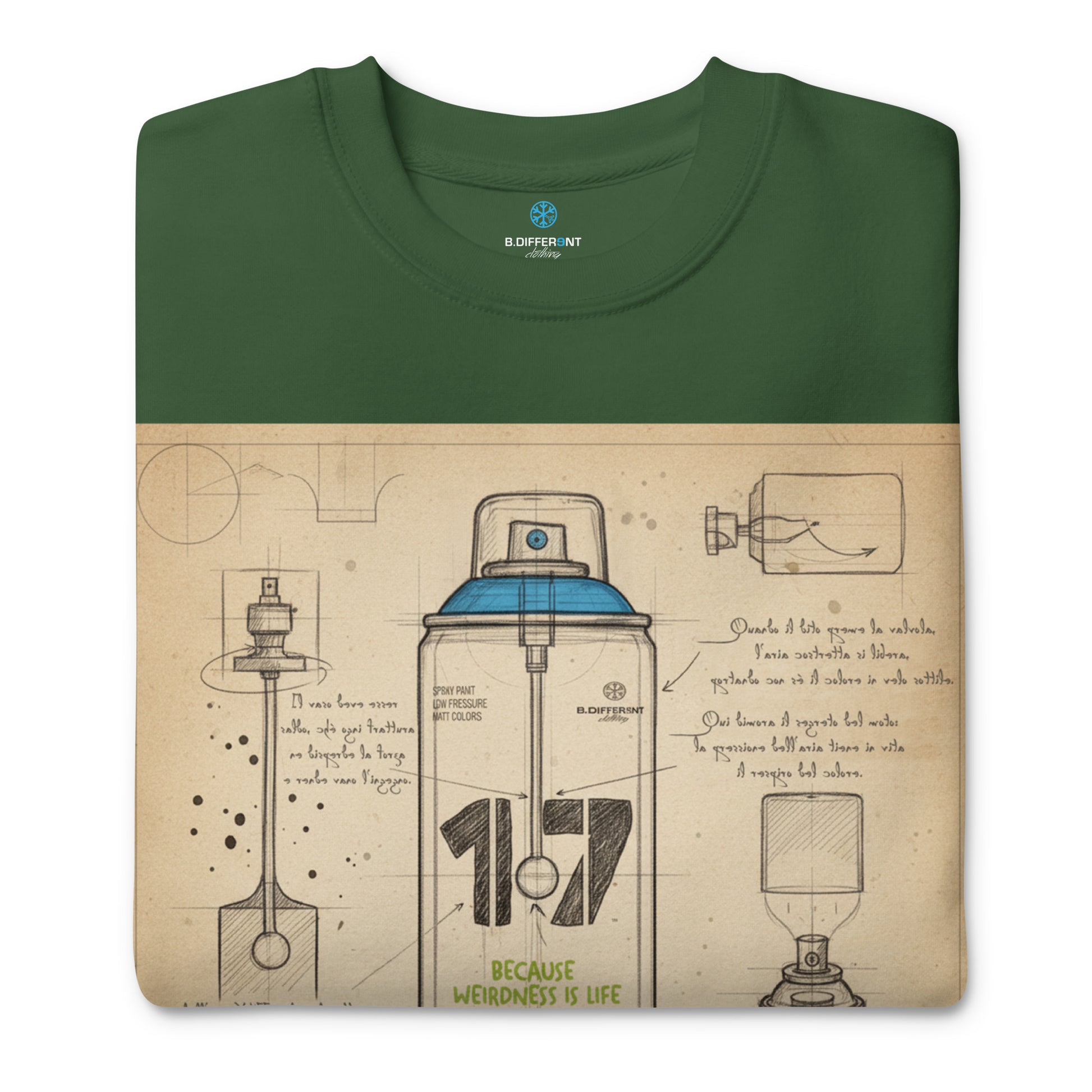 Green-Spray Can Sketch Graffiti Sweatshirt from B.Different Clothing, folded, graffiti-inspired streetwear