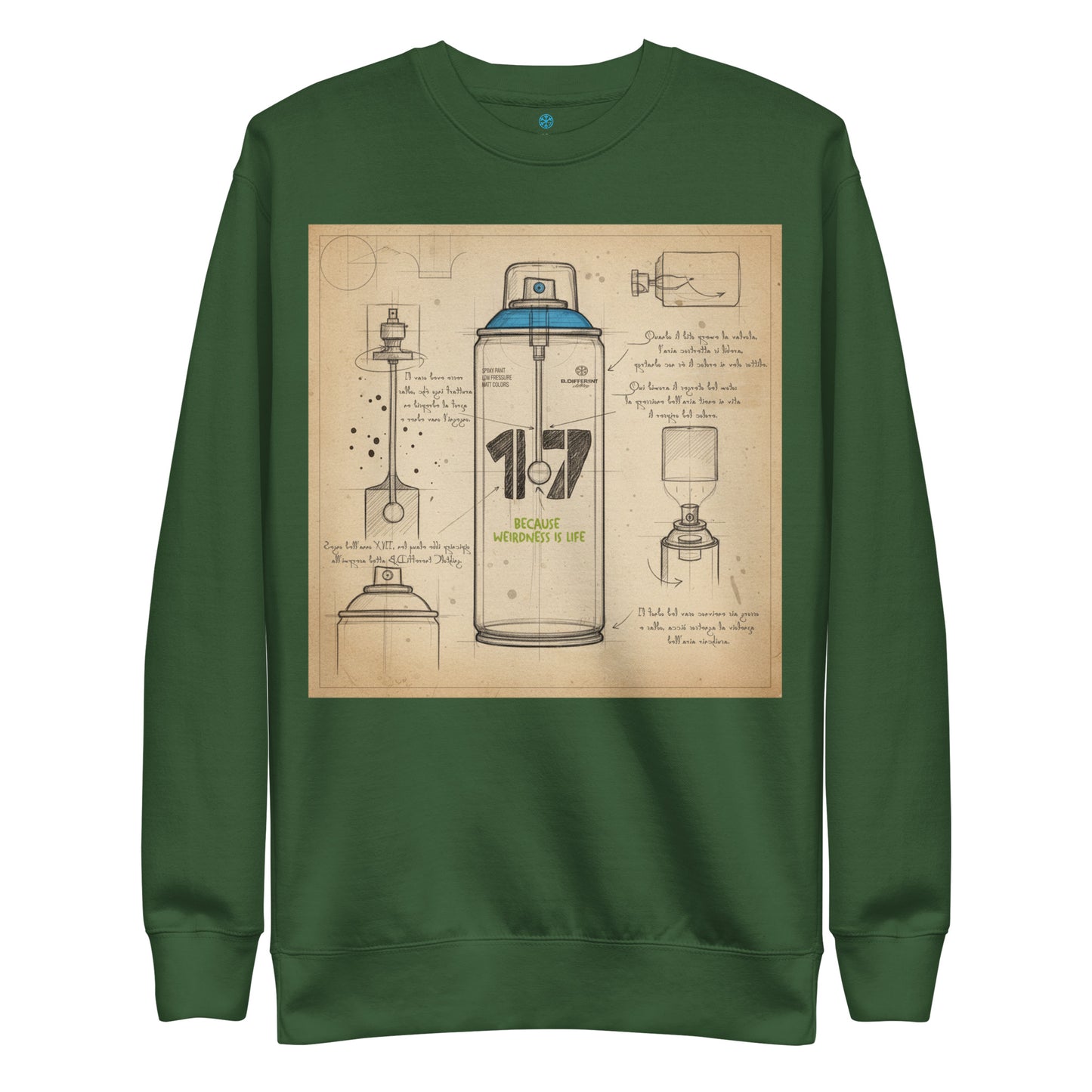 Green-Spray Can Sketch Graffiti Sweatshirt from B.Different Clothing, front view, graffiti-inspired streetwear