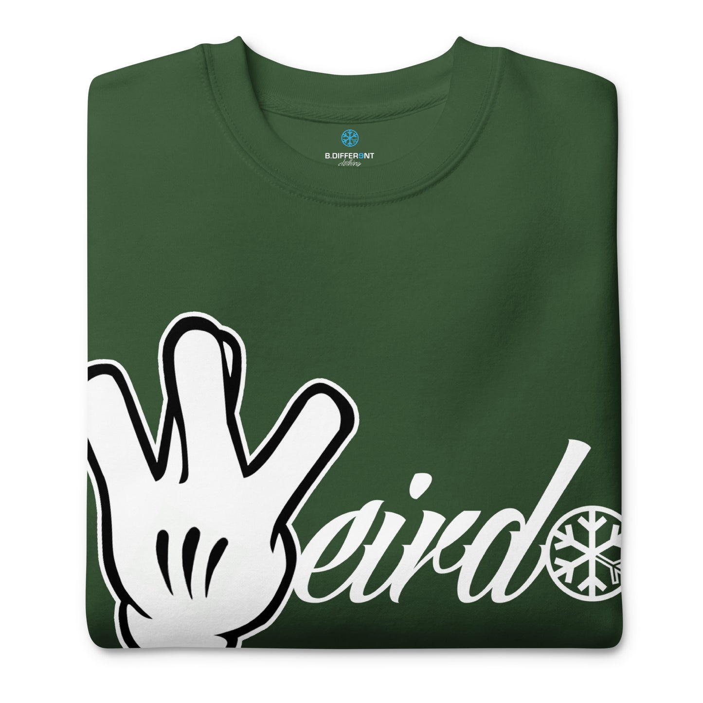 Green-Weirdo Hand Sign Sweatshirt from B.Different Clothing, folded, graffiti-inspired streetwear