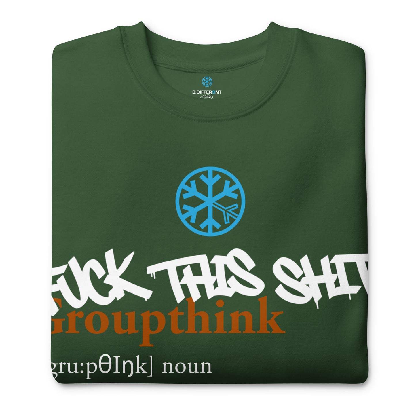 Green-Groupthink Graffiti Sweatshirt from B.Different Clothing, folded, graffiti-inspired streetwear