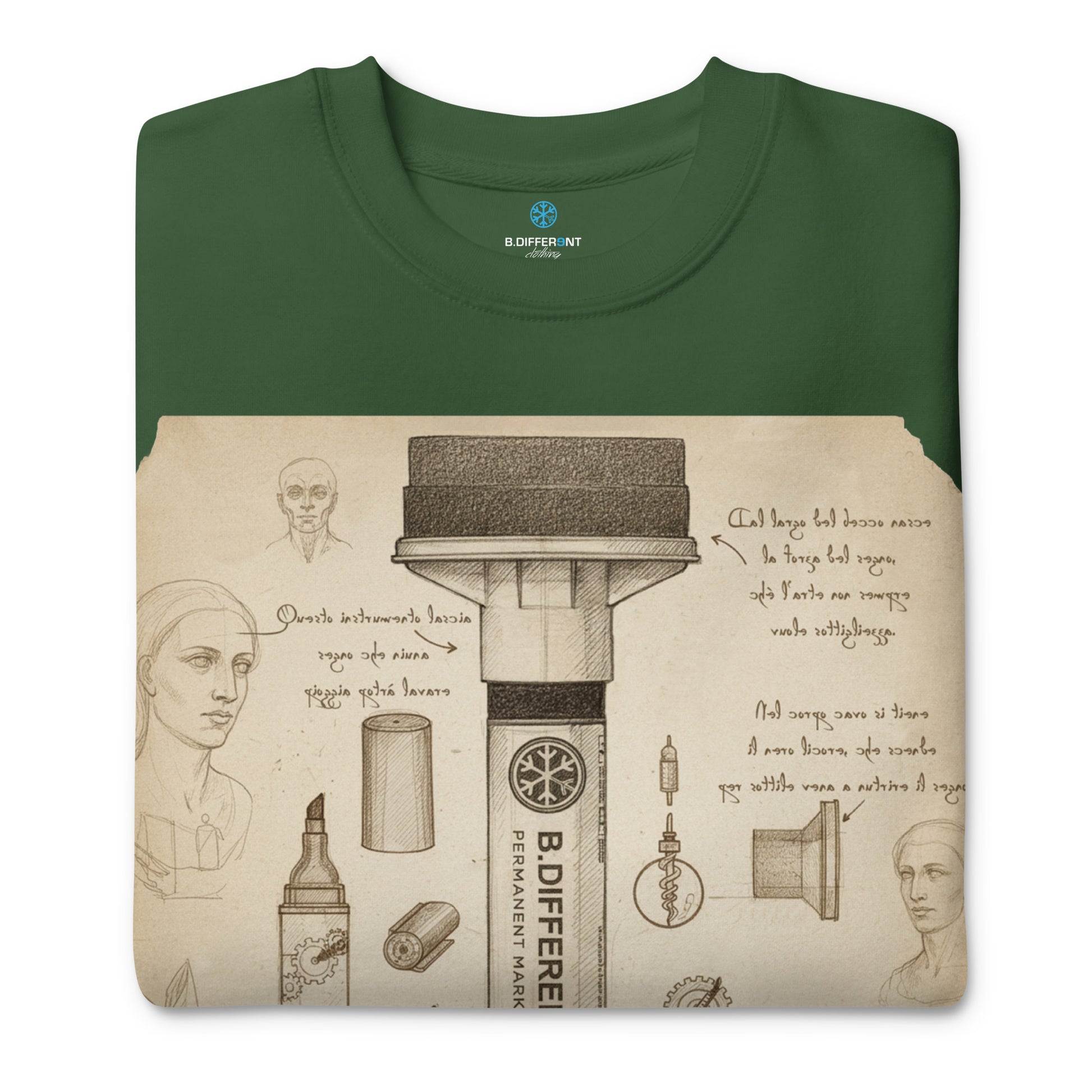 Green-Marker Sketch Graffiti Sweatshirt from B.Different Clothing, folded, graffiti-inspired streetwear