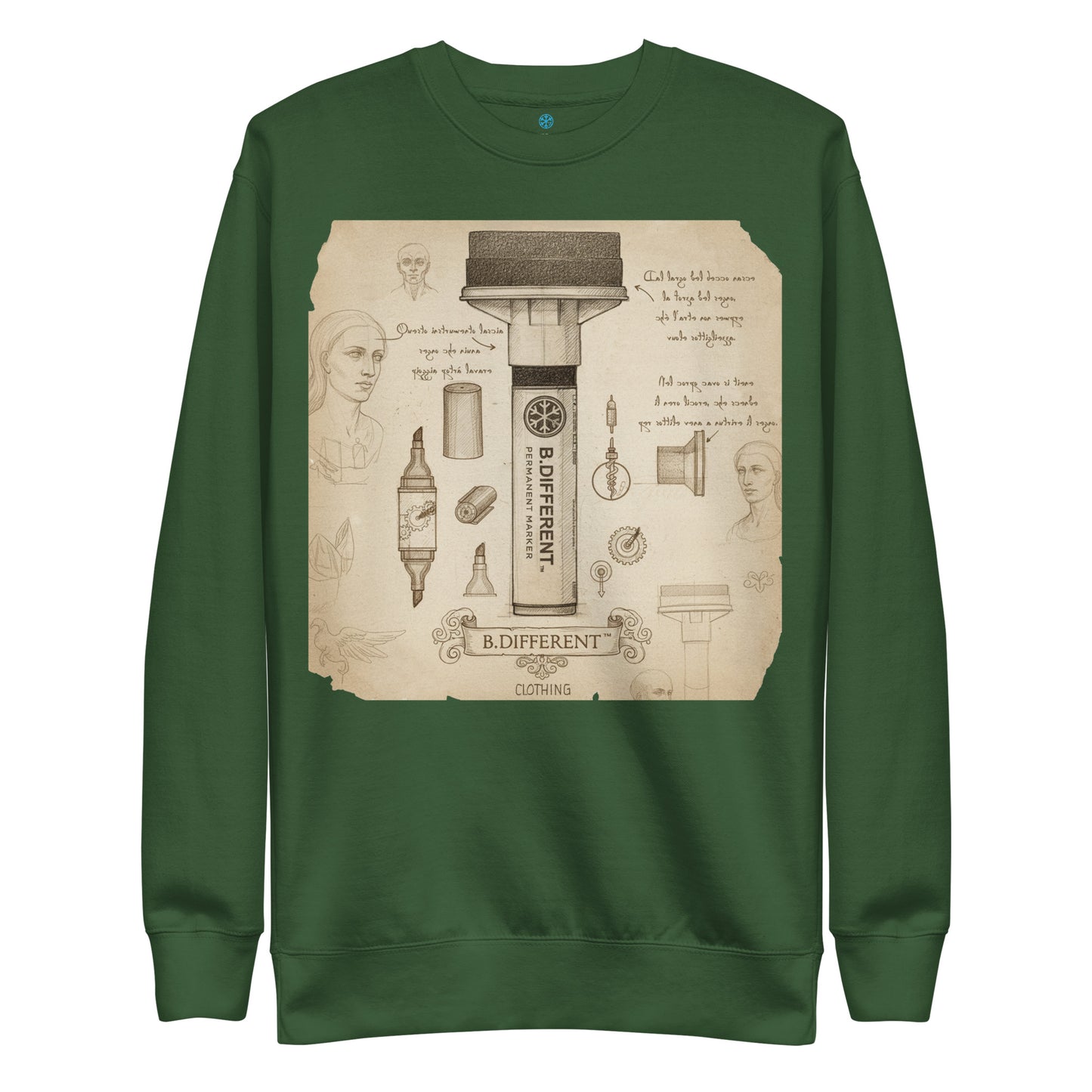 Green-Marker Sketch Graffiti Sweatshirt from B.Different Clothing, front view, graffiti-inspired streetwear