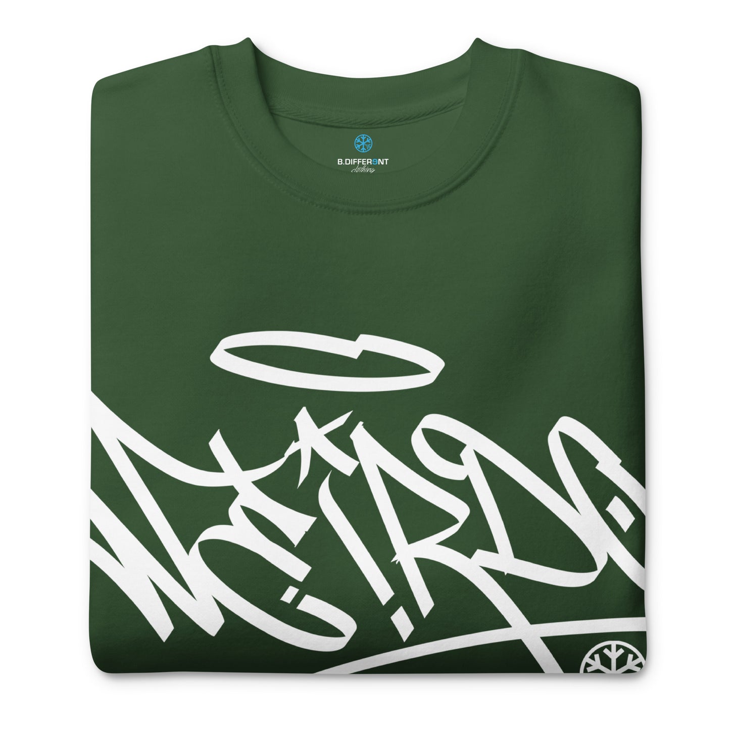 Green-Weirdo Tag Graffiti Sweatshirt from B.Different Clothing, folded, graffiti-inspired streetwear