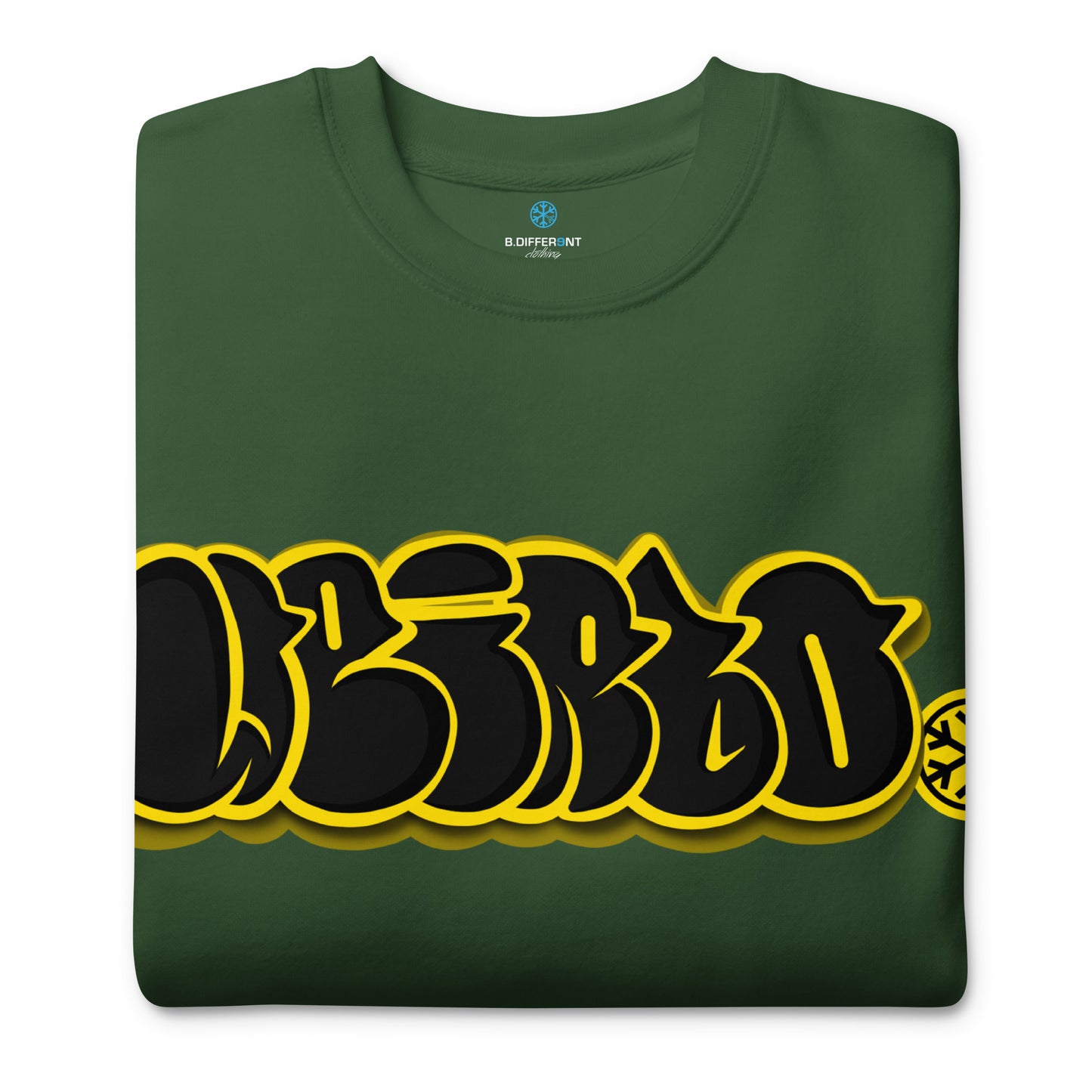 Green-Weirdo Graffiti Throwie Sweatshirt from B.Different Clothing, folded, graffiti-inspired streetwear