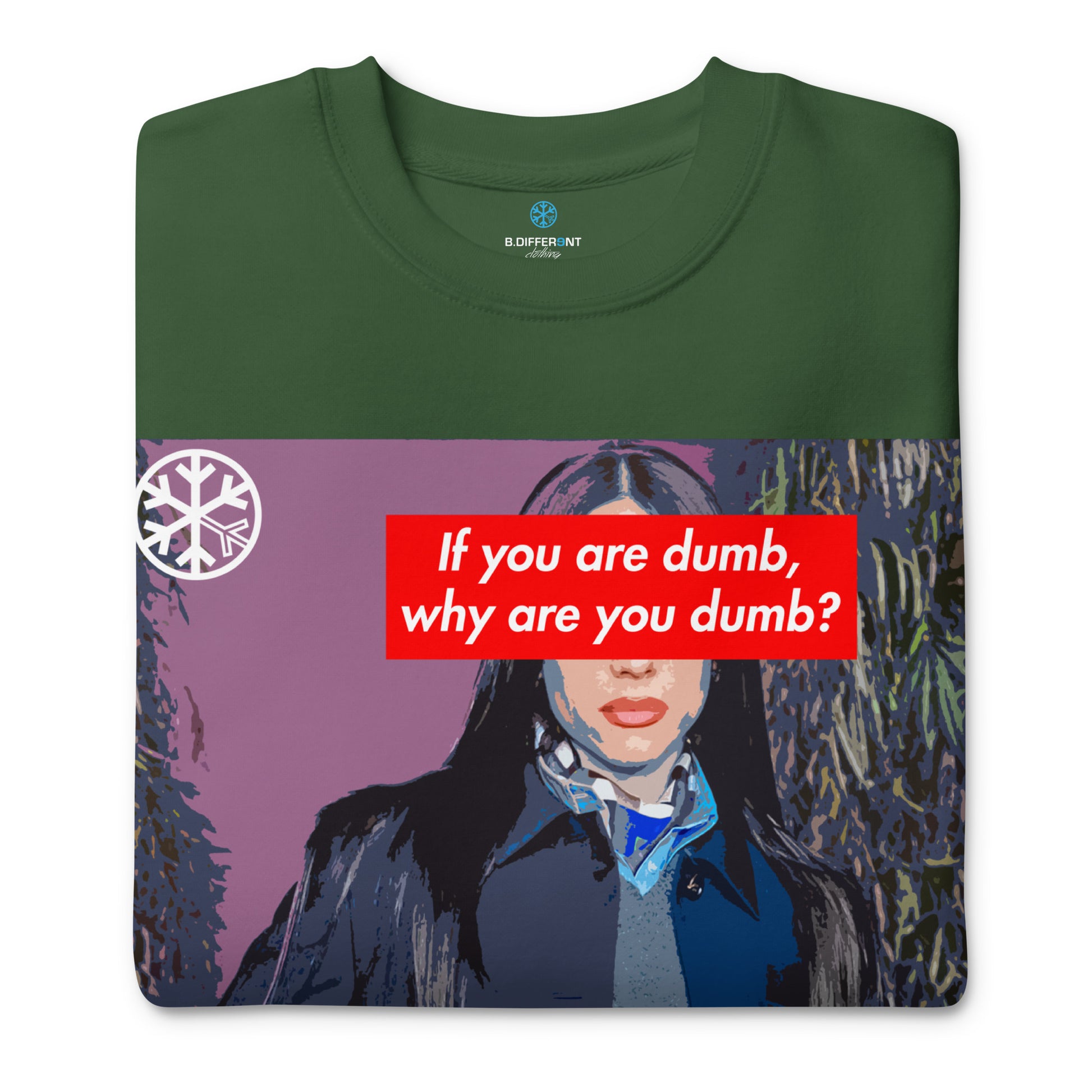 Green-Why Are You Dumb Sweatshirt from B.Different Clothing, folded, graffiti-inspired streetwear