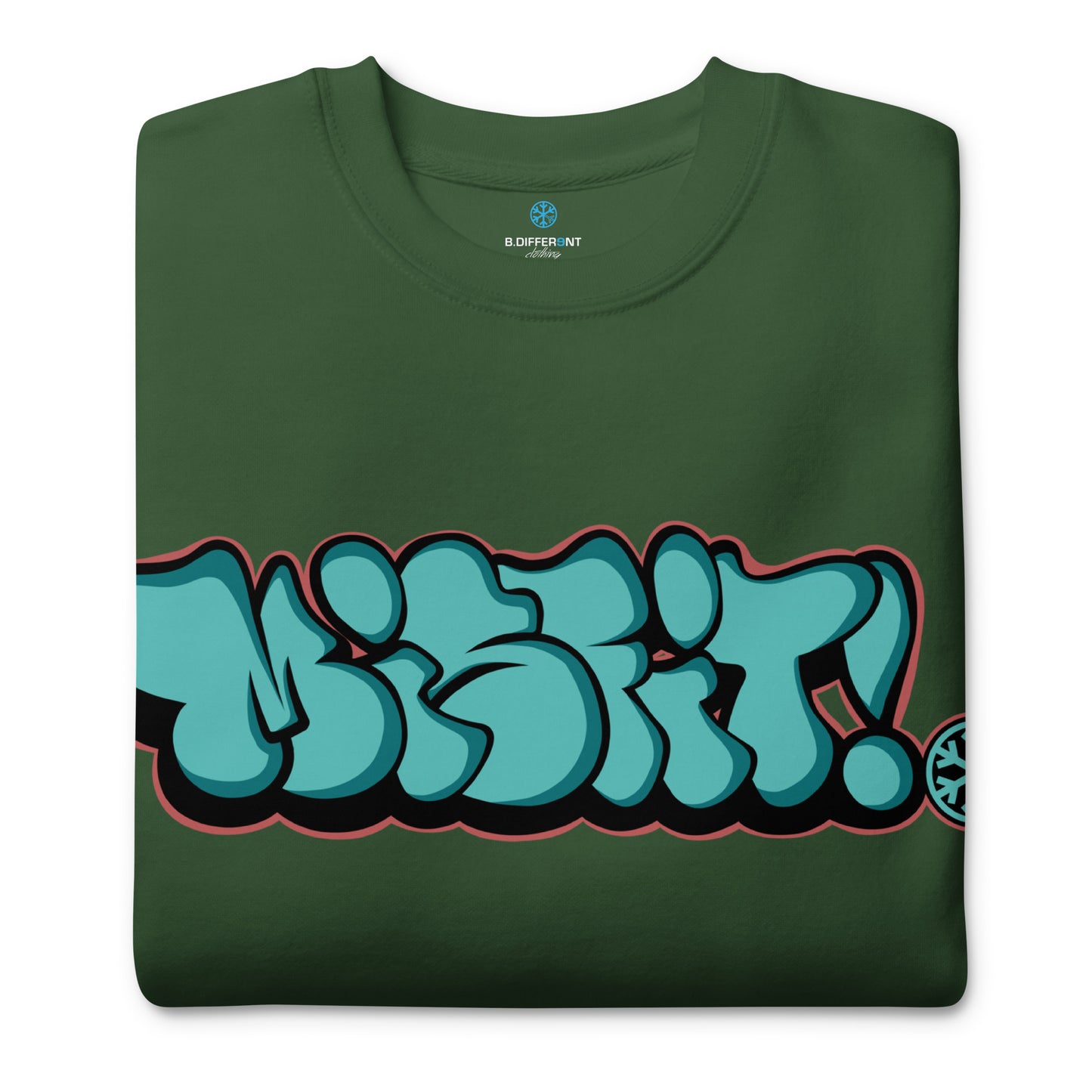 Green-Misfit Graffiti Throwie Sweatshirt from B.Different Clothing, folded, graffiti-inspired streetwear t-shirt