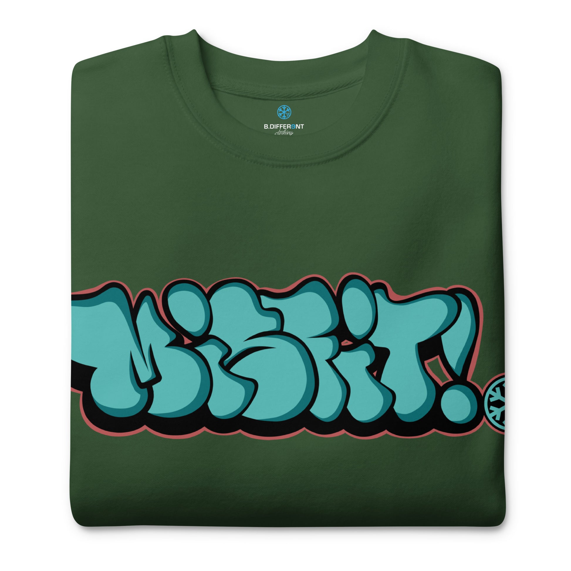 Green-Misfit Graffiti Throwie Sweatshirt from B.Different Clothing, folded, graffiti-inspired streetwear t-shirt
