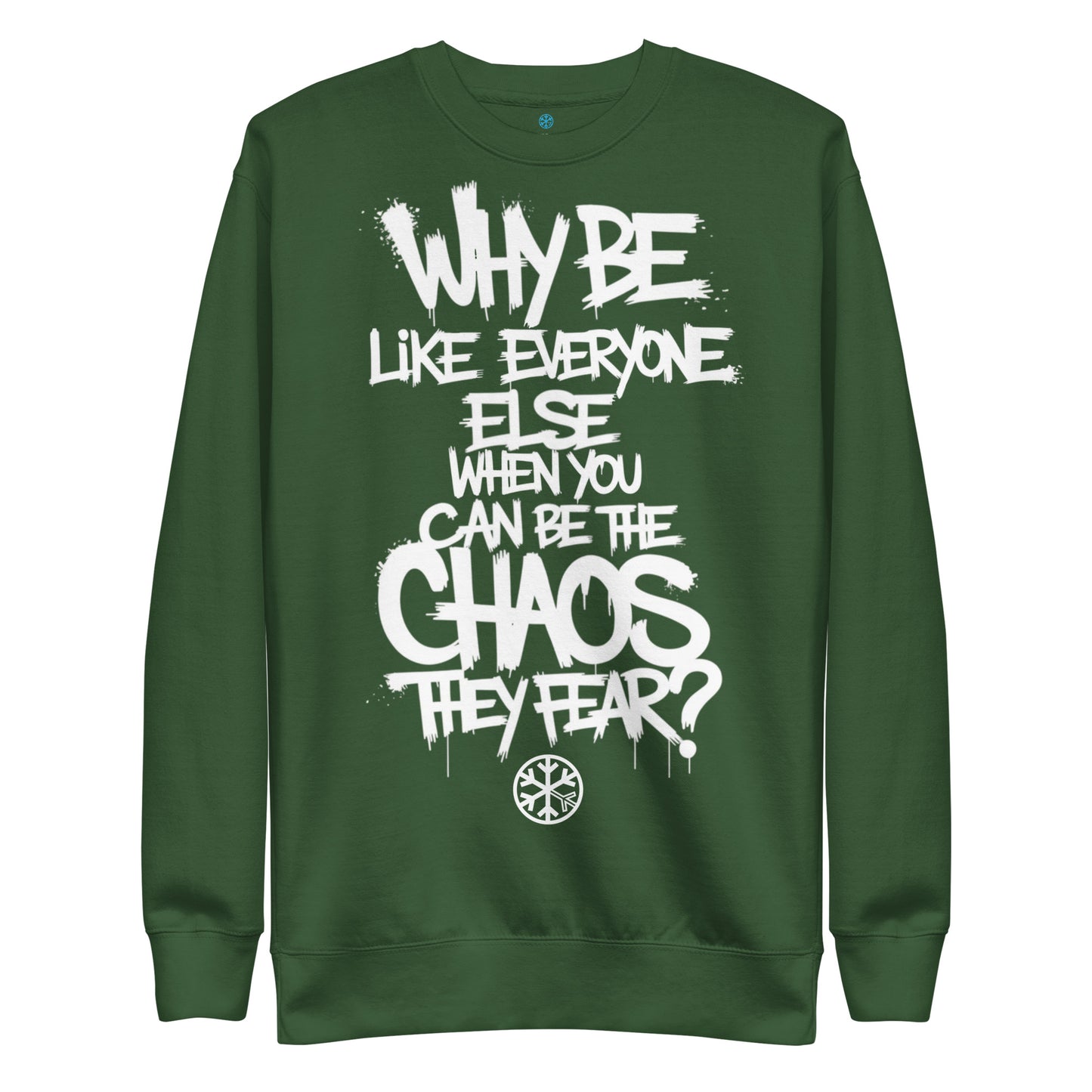 Green-Chaos They Fear Graffiti Tag Sweatshirt from B.Different Clothing, front view, graffiti-inspired streetwear