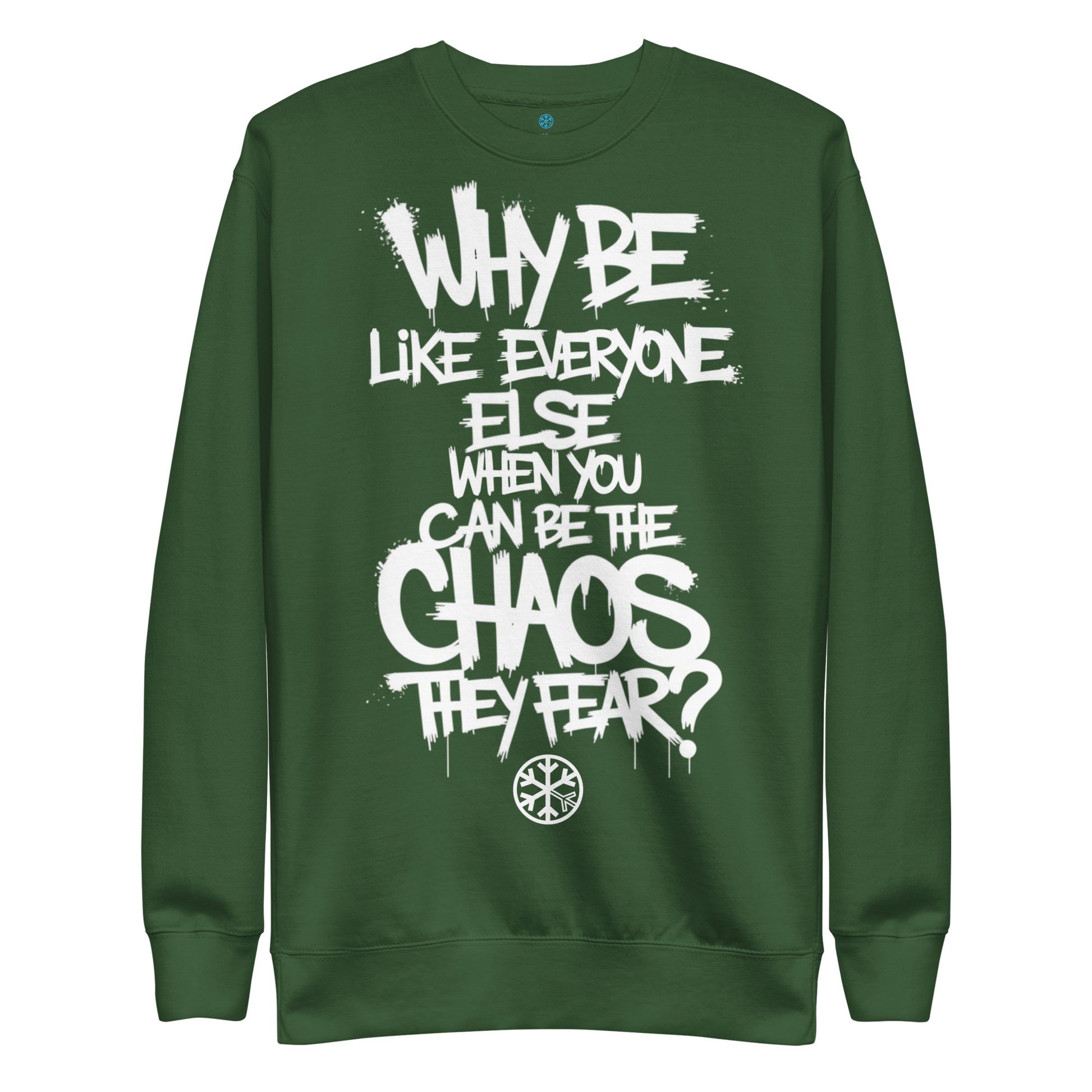 Green-Chaos They Fear Graffiti Tag Sweatshirt from B.Different Clothing, front view, graffiti-inspired streetwear