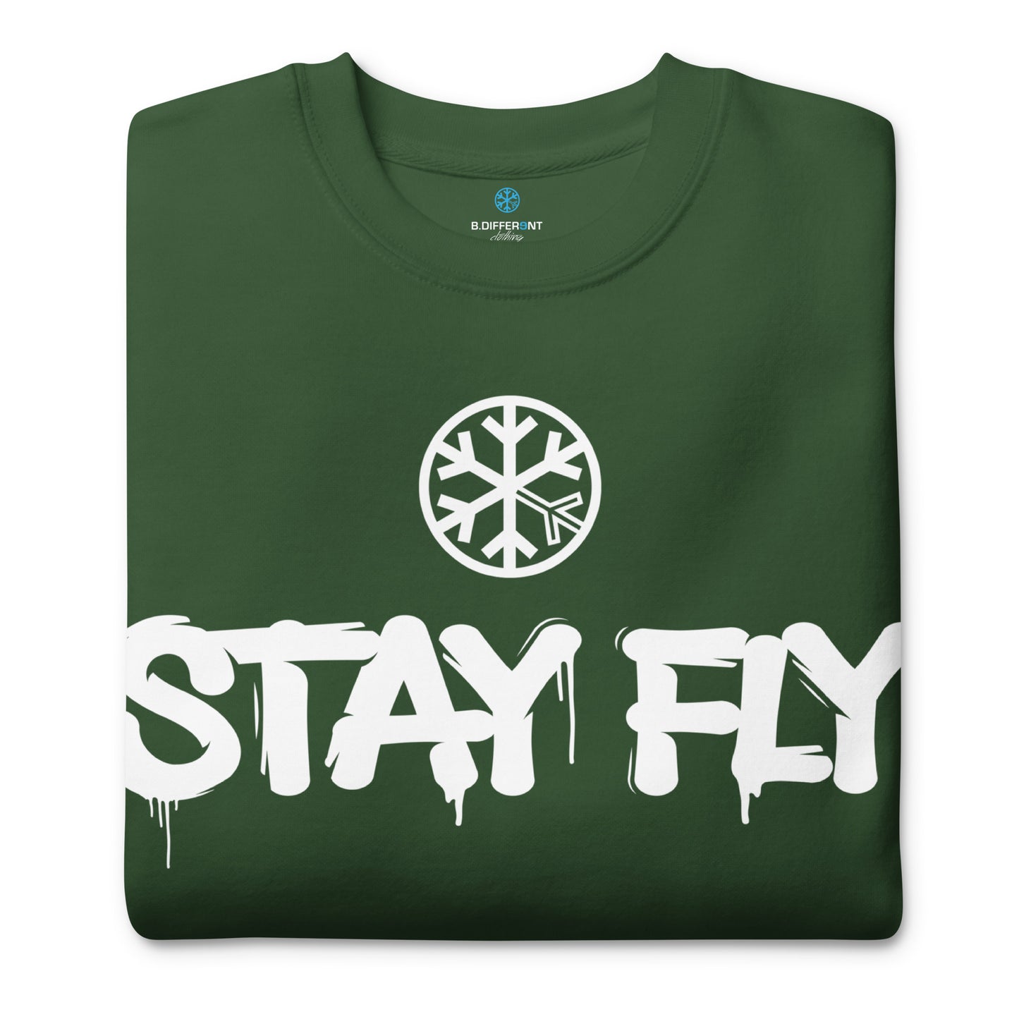 Green-Stay Fly Graffiti Tag Sweatshirt from B.Different Clothing, folded, graffiti-inspired streetwear