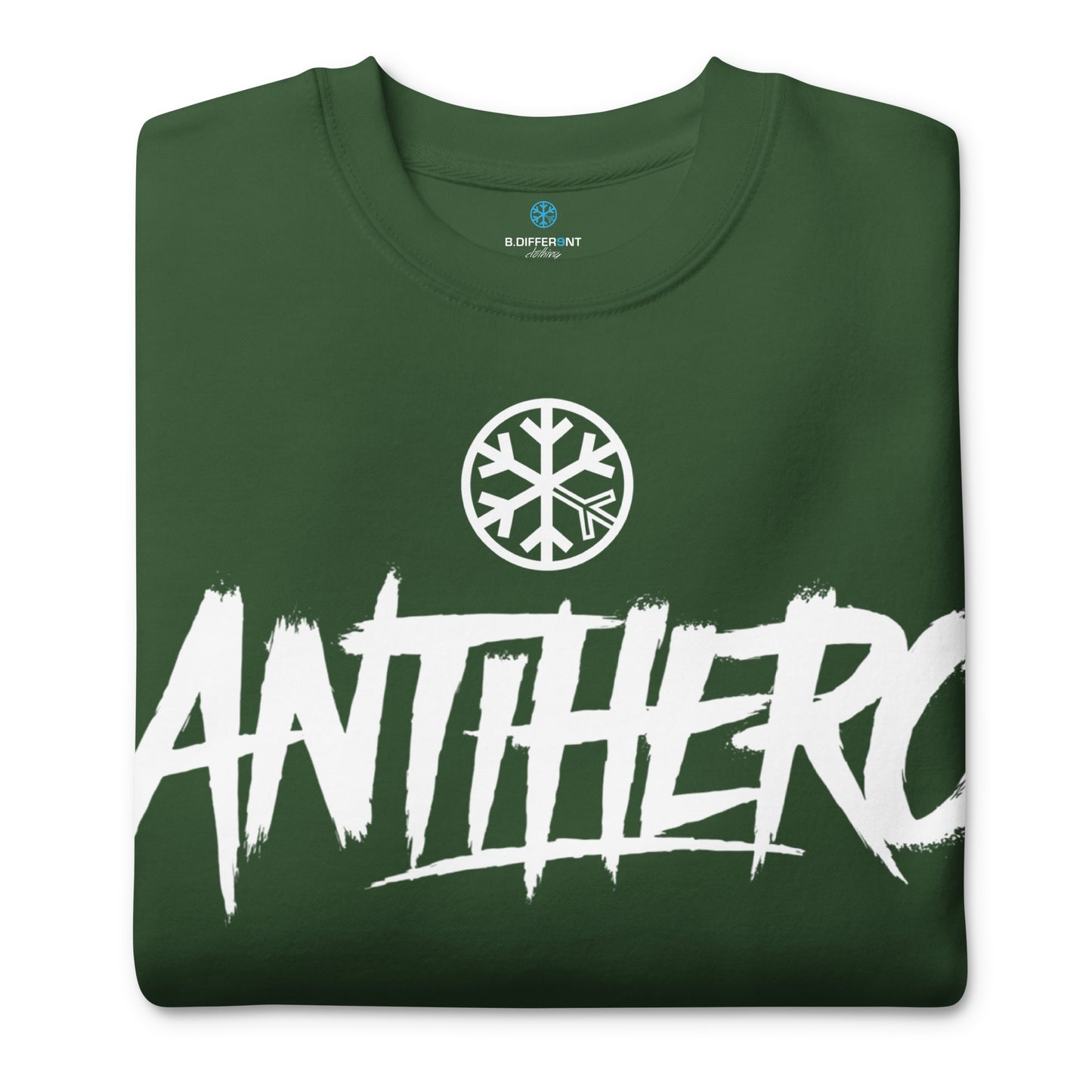 Green-Antihero Graffiti Tag Sweatshirt from B.Different Clothing, folded, graffiti-inspired streetwear