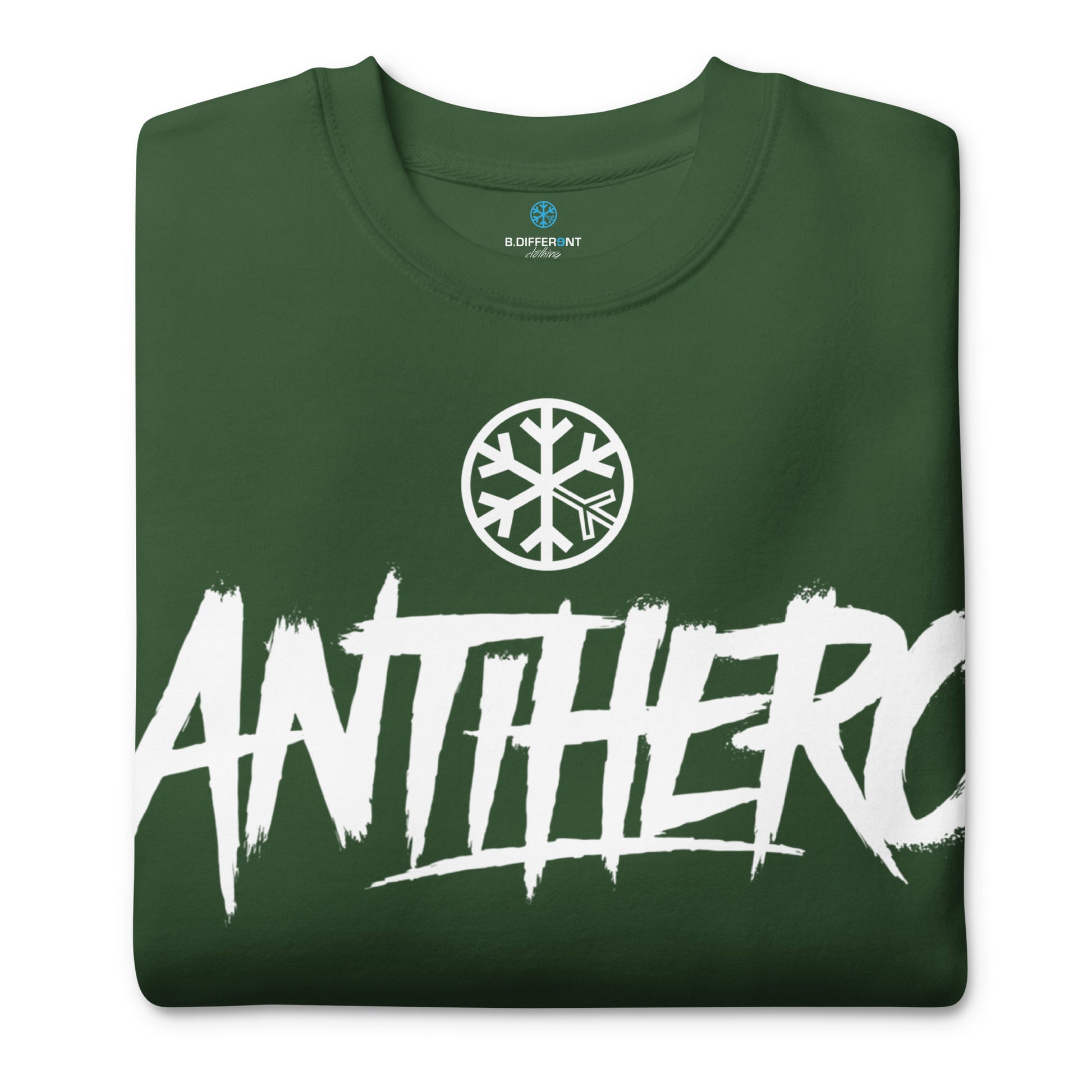 Green-Antihero Graffiti Tag Sweatshirt from B.Different Clothing, folded, graffiti-inspired streetwear