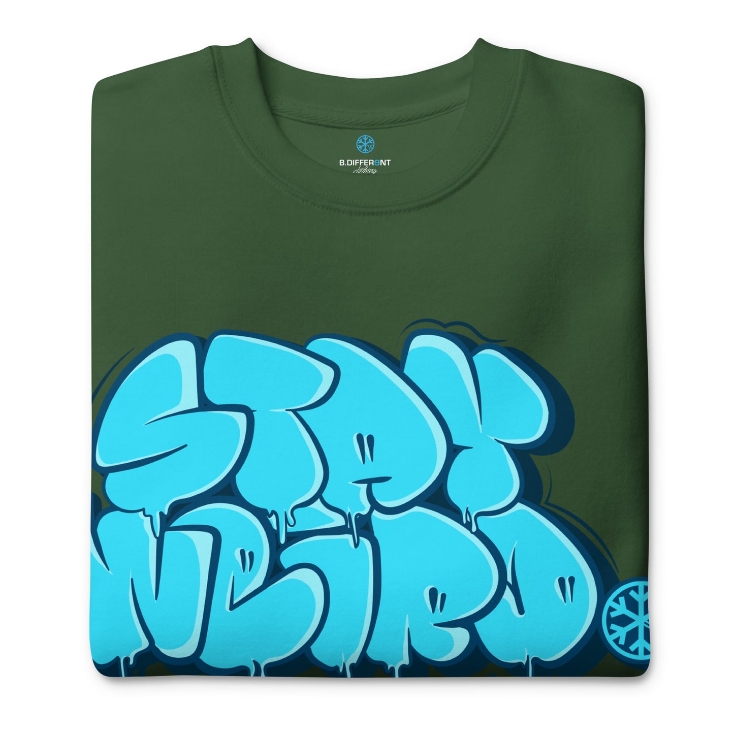 Green-Stay Weird Graffiti Throw-up Sweatshirt from B.Different Clothing, folded, graffiti-inspired streetwear