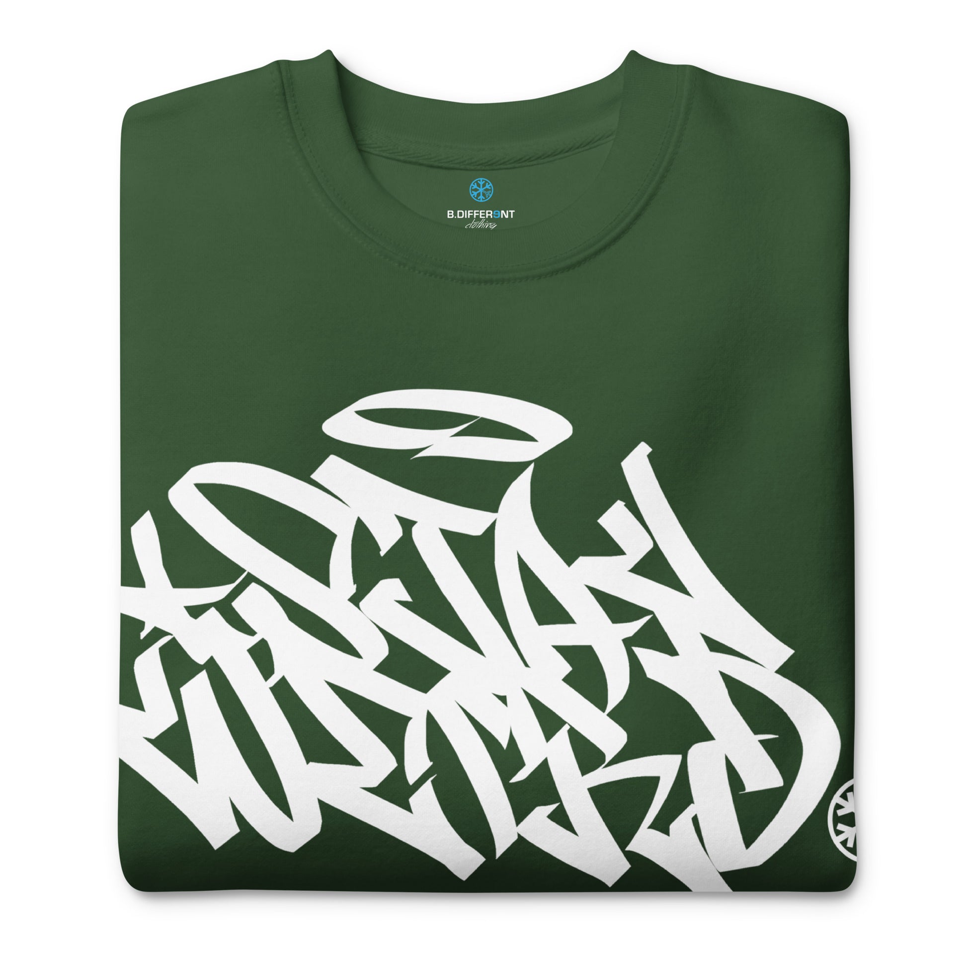 Green-Stay Weird Graffiti Tag Sweatshirt from B.Different Clothing, folded, graffiti-inspired streetwear
