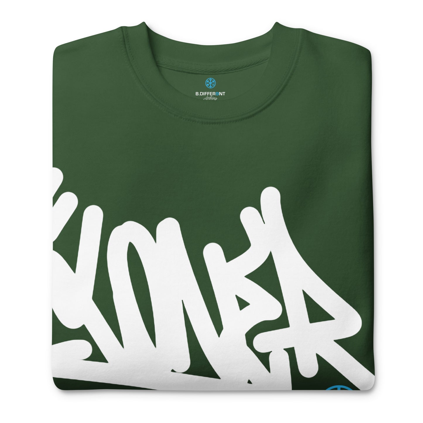 Green-Loner Graffiti Tag Sweatshirt from B.Different Clothing, folded, graffiti-inspired streetwear