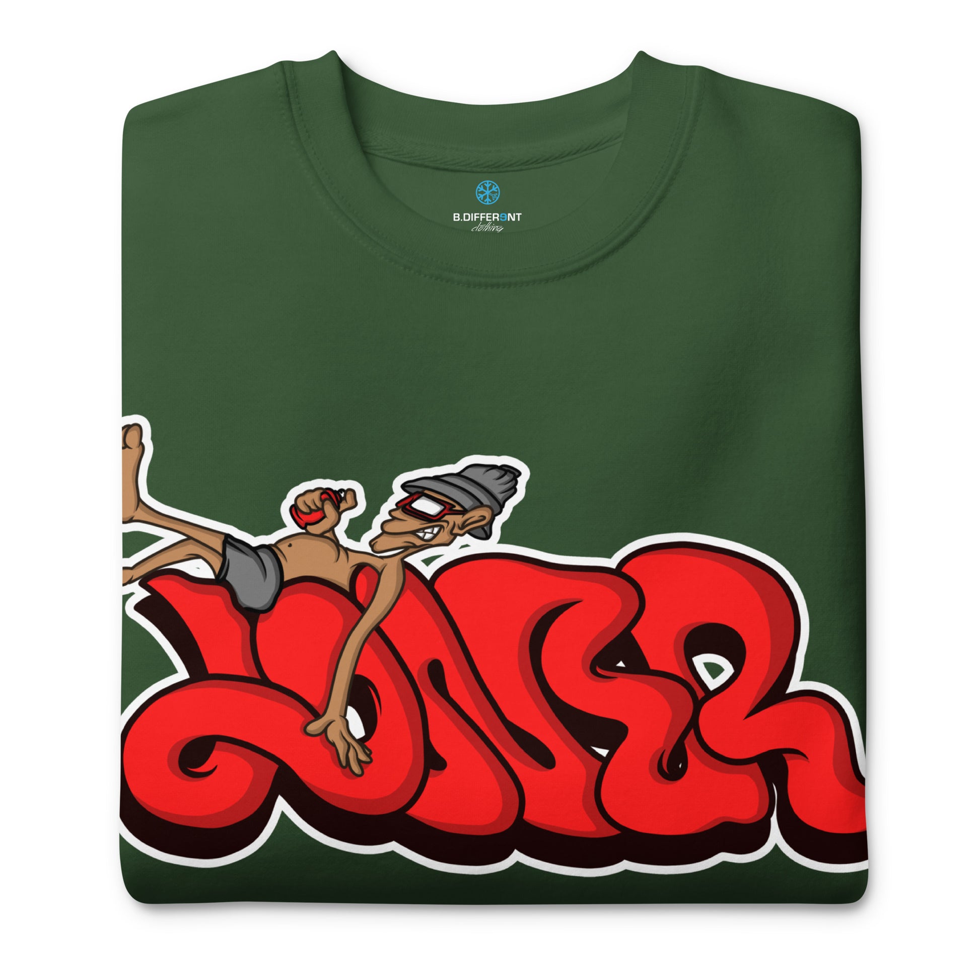 Green-Loner Graffiti Piece Sweatshirt from B.Different Clothing, folded, graffiti-inspired streetwear