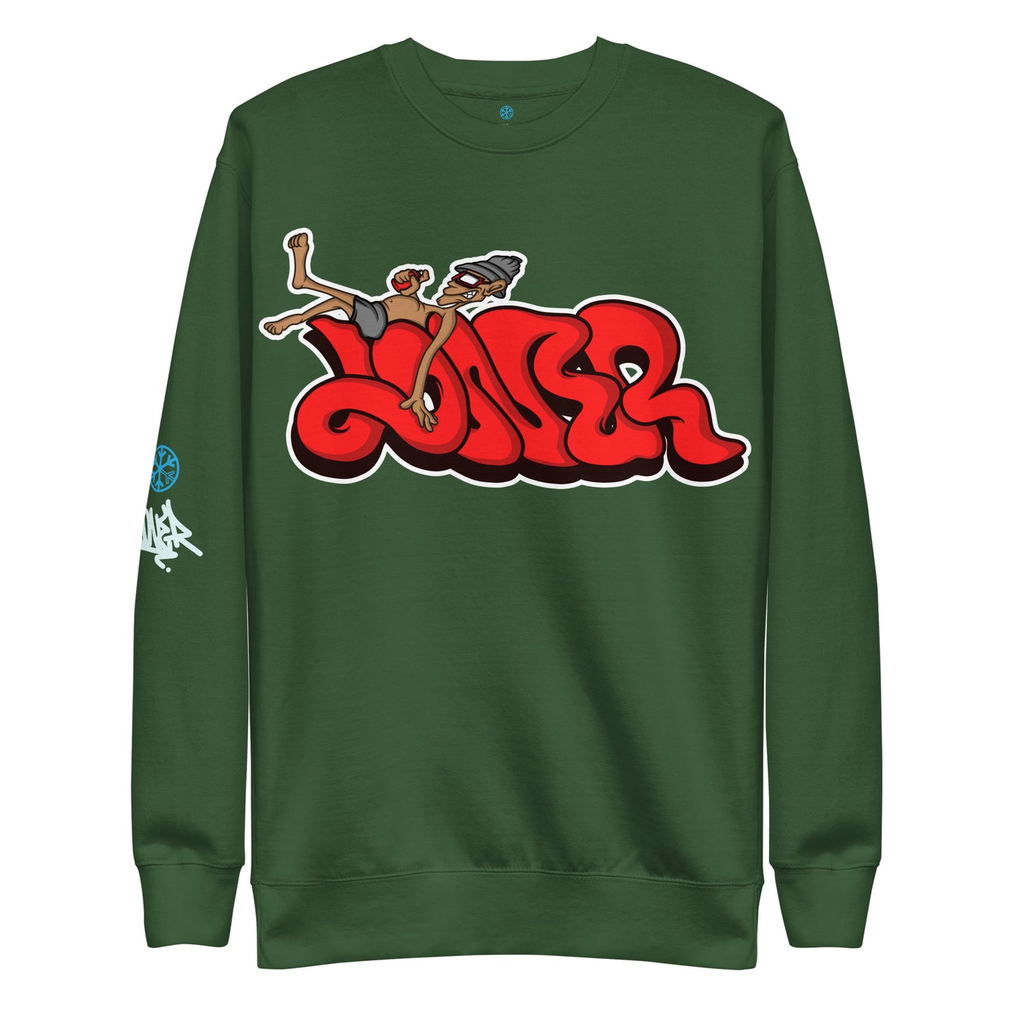 Green-Loner Graffiti Piece Sweatshirt from B.Different Clothing, front view, graffiti-inspired streetwear