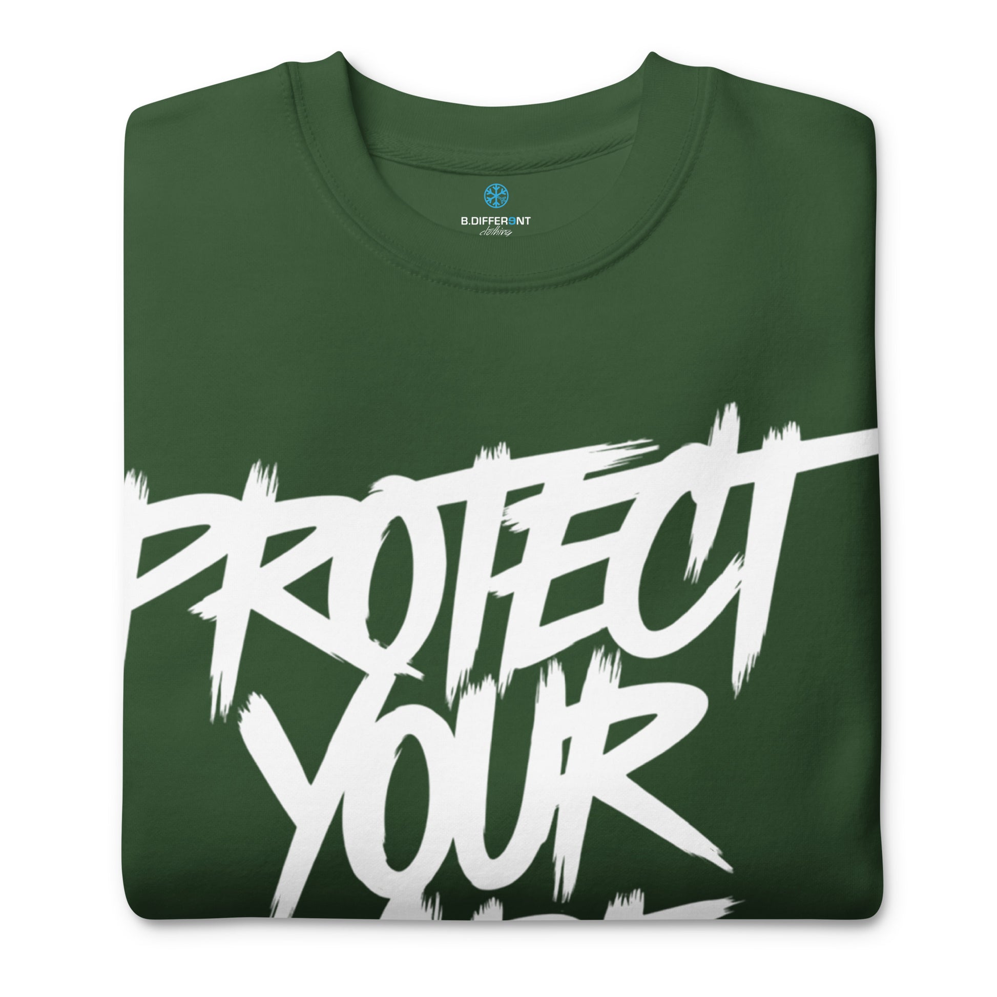Green-Protect Your Vibe Graffiti Tag Sweatshirt from B.Different Clothing, folded, graffiti-inspired streetwear